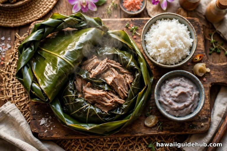 Laulau wrapped in ti leaves served with poi and steamed rice on a wooden table in Hawaii