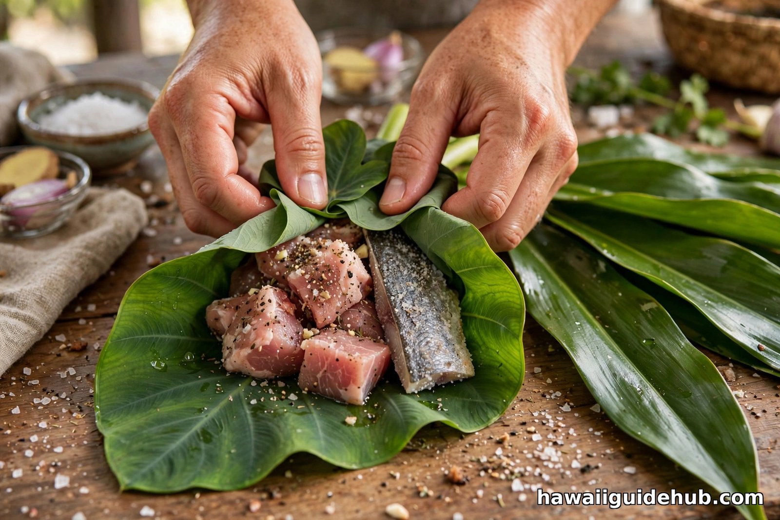 Hands wrapping seasoned pork chunks and salted fish in fresh taro leaves with ti leaves ready beside, traditional Hawaiian laulau preparation