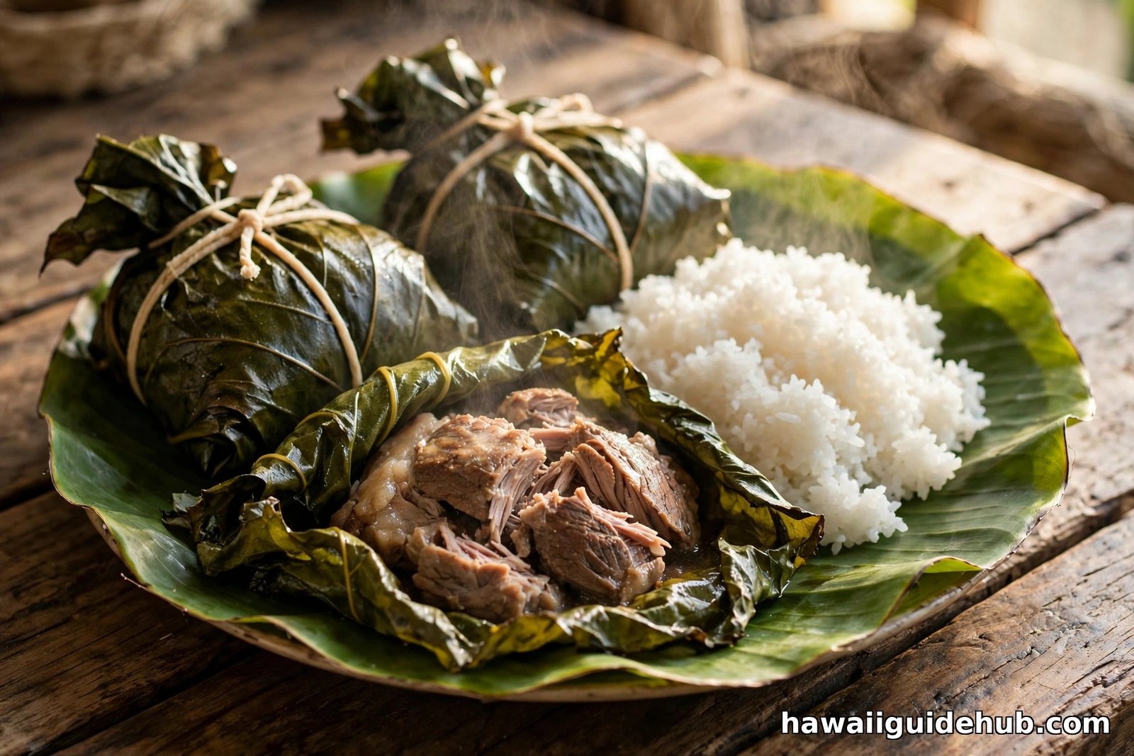 Steaming laulau pork bundles wrapped in taro leaves served with white rice on a banana leaf