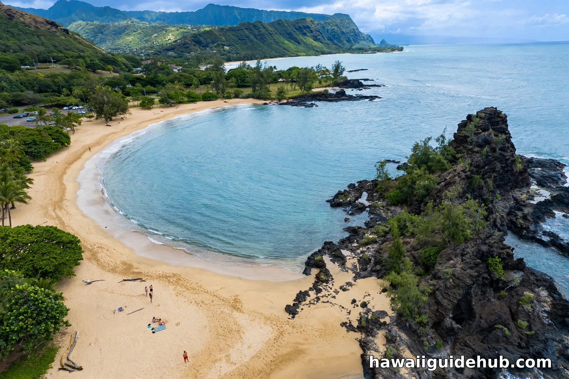 Aerial view of Waimea Bay on a calm summer day, Oahu