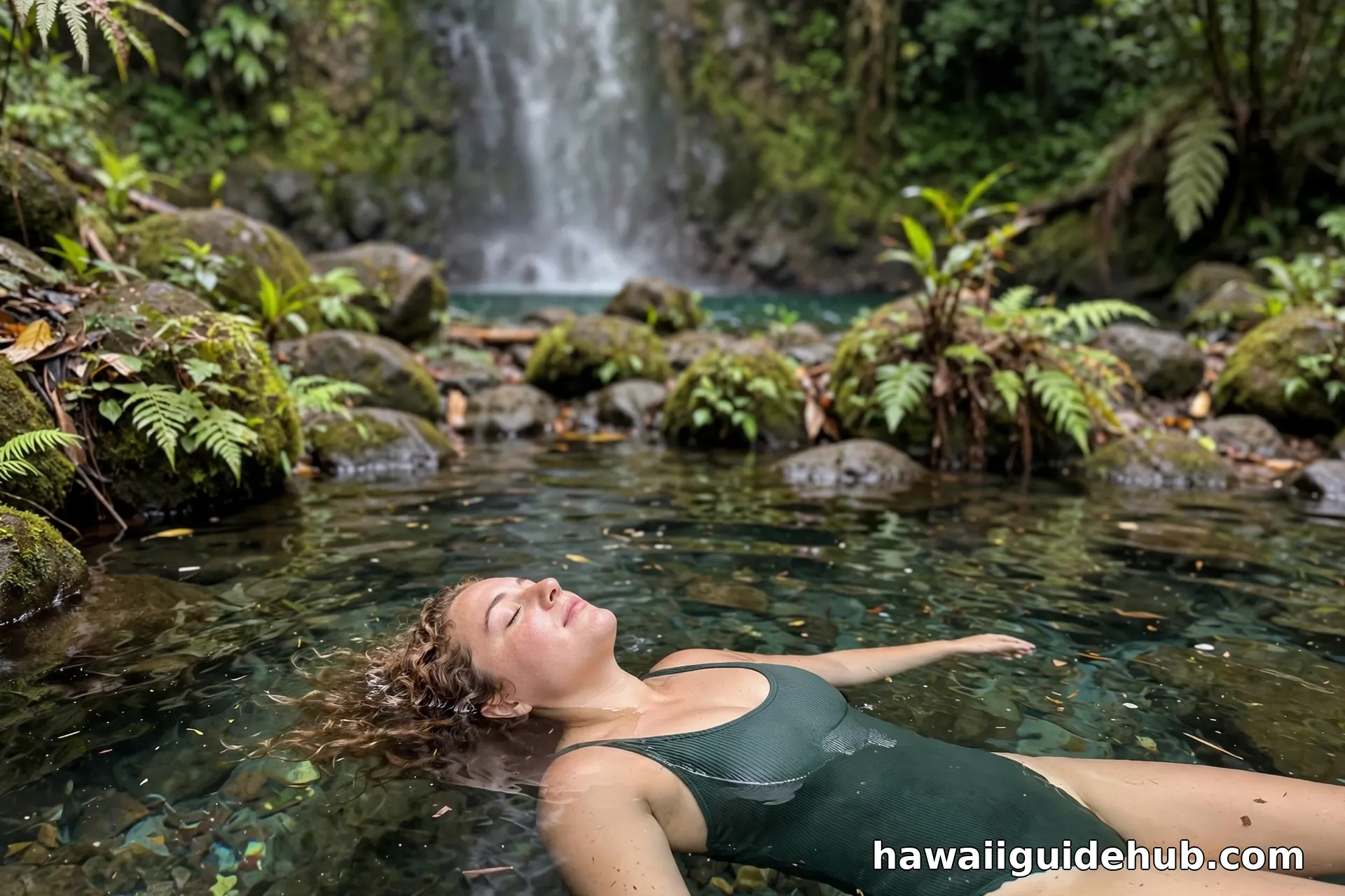 Swimmer floating on their back in a clear waterfall pool in the Hawaiian rainforest