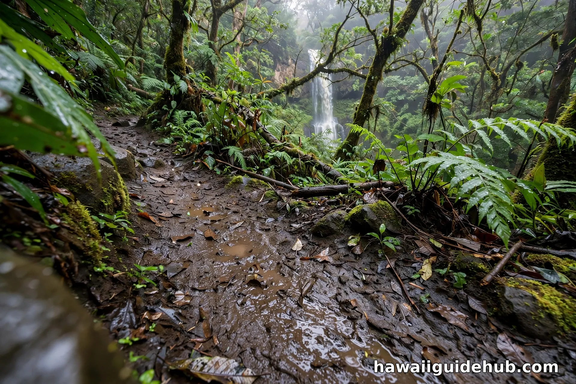 Narrow hiking trail through dense Hawaiian rainforest with a waterfall ahead