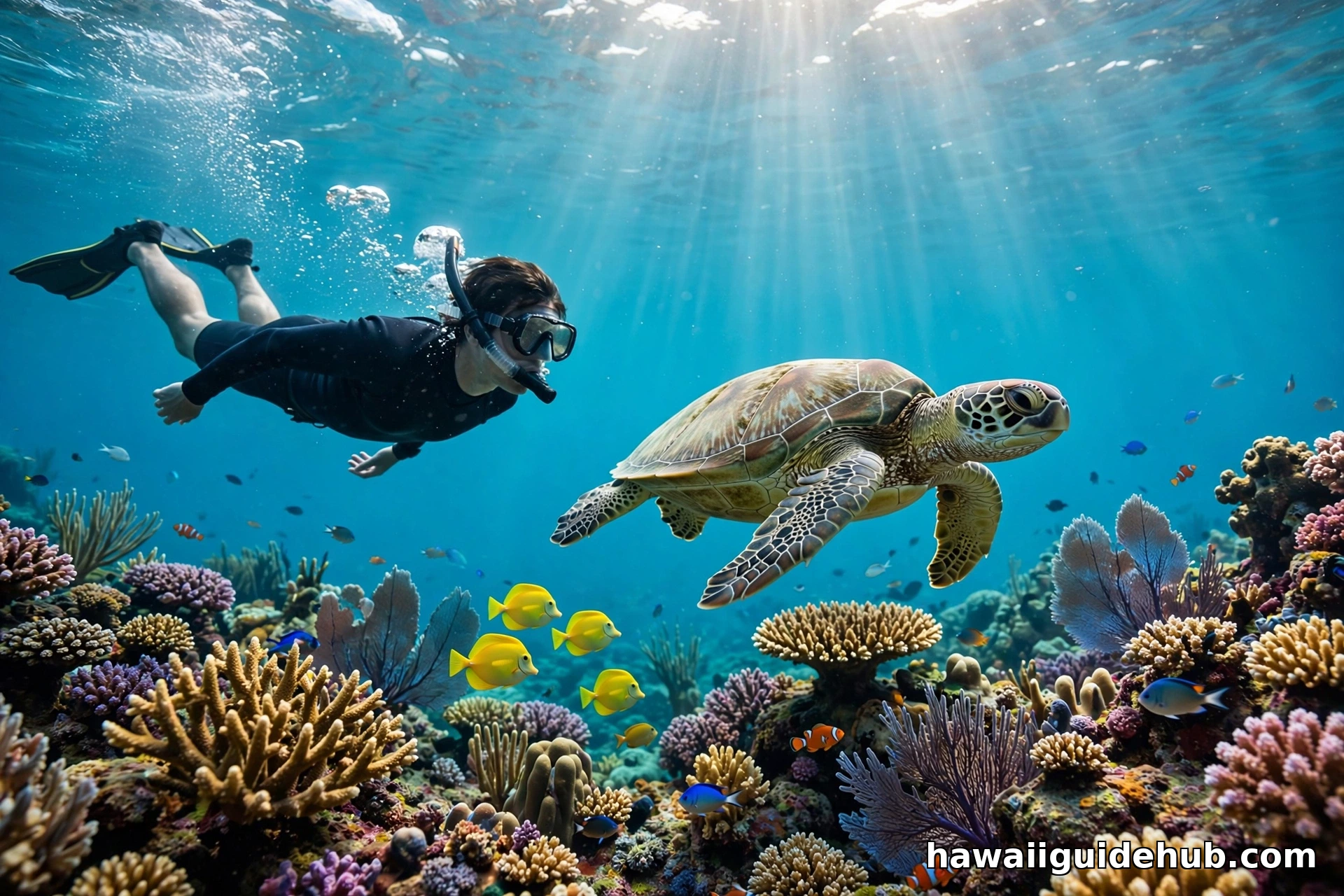 Snorkeler swimming with a Hawaiian green sea turtle over a coral reef in clear turquoise water