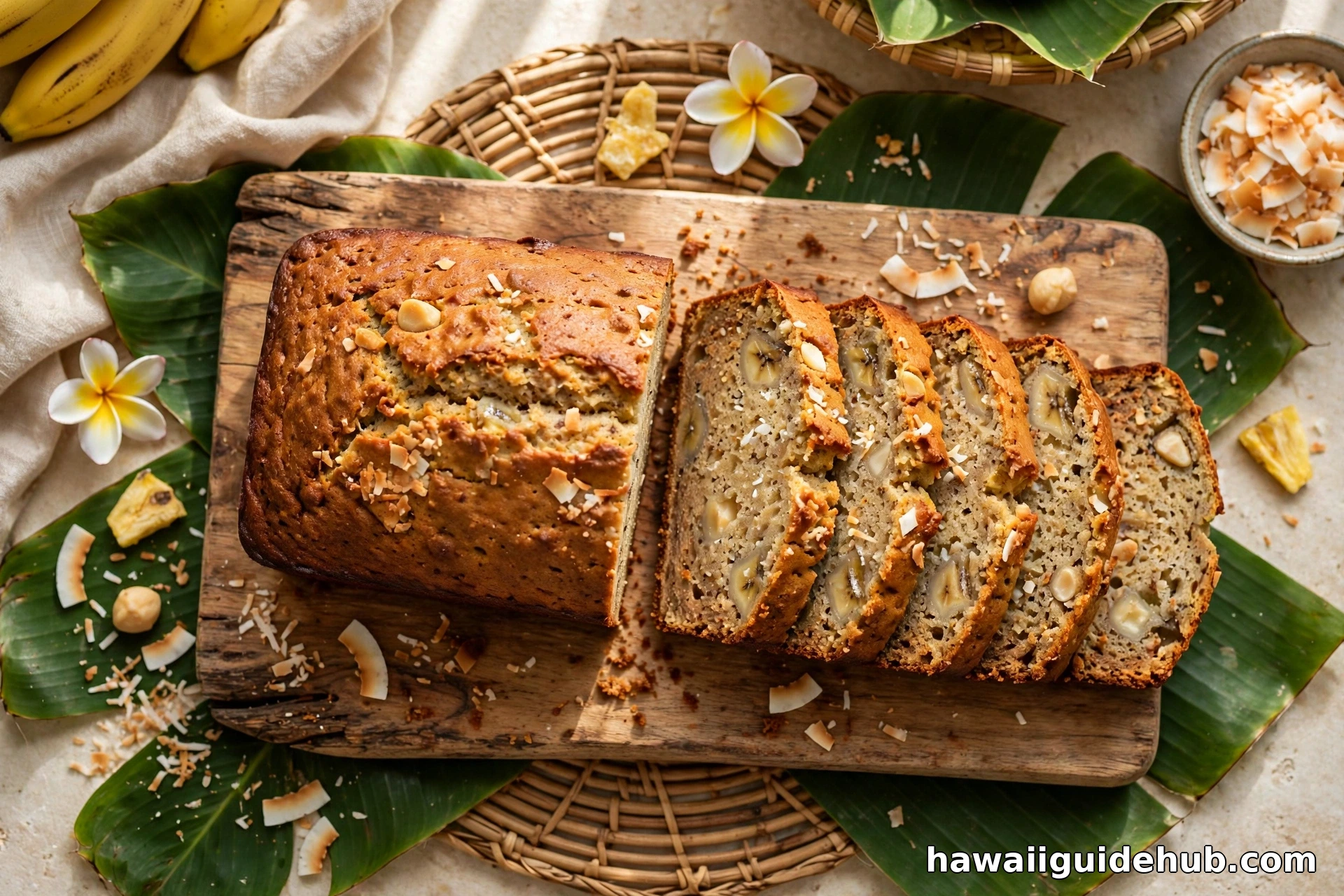 Hawaiian banana bread loaf sliced on a wooden board with tropical styling