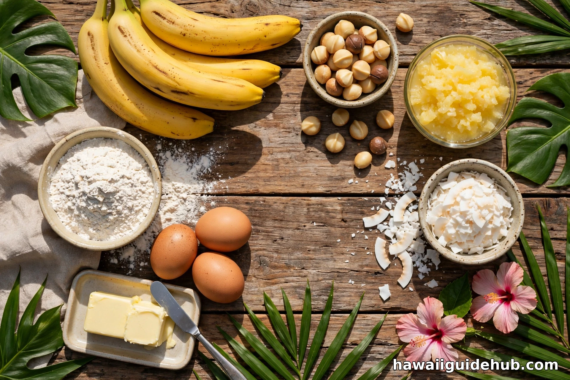 Hawaiian banana bread ingredients laid out on a wooden table