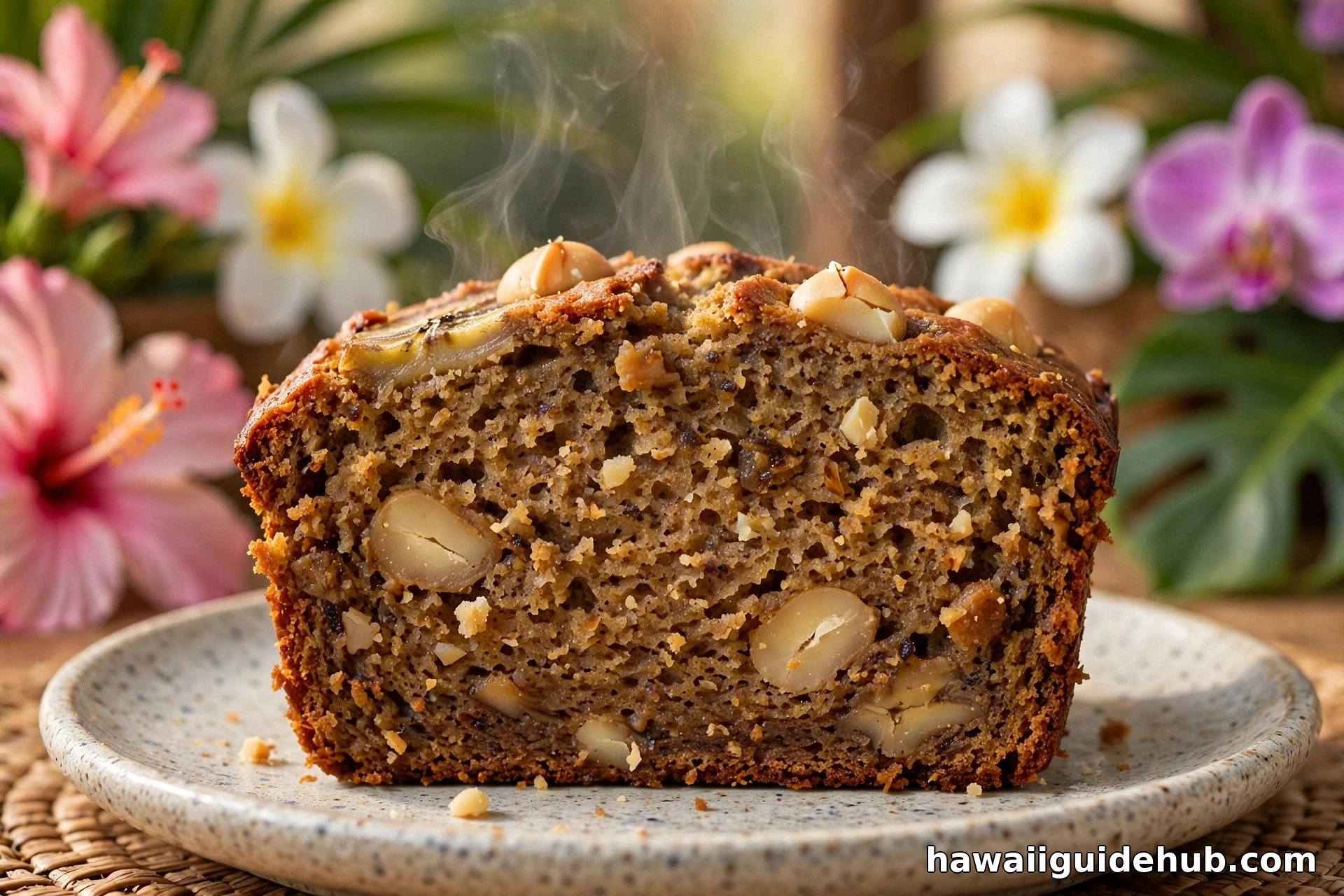 Close-up of a warm slice of Hawaiian banana bread with macadamia nuts