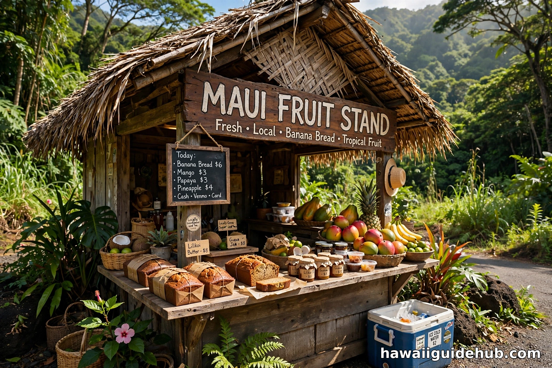 Roadside fruit stand on Maui selling banana bread