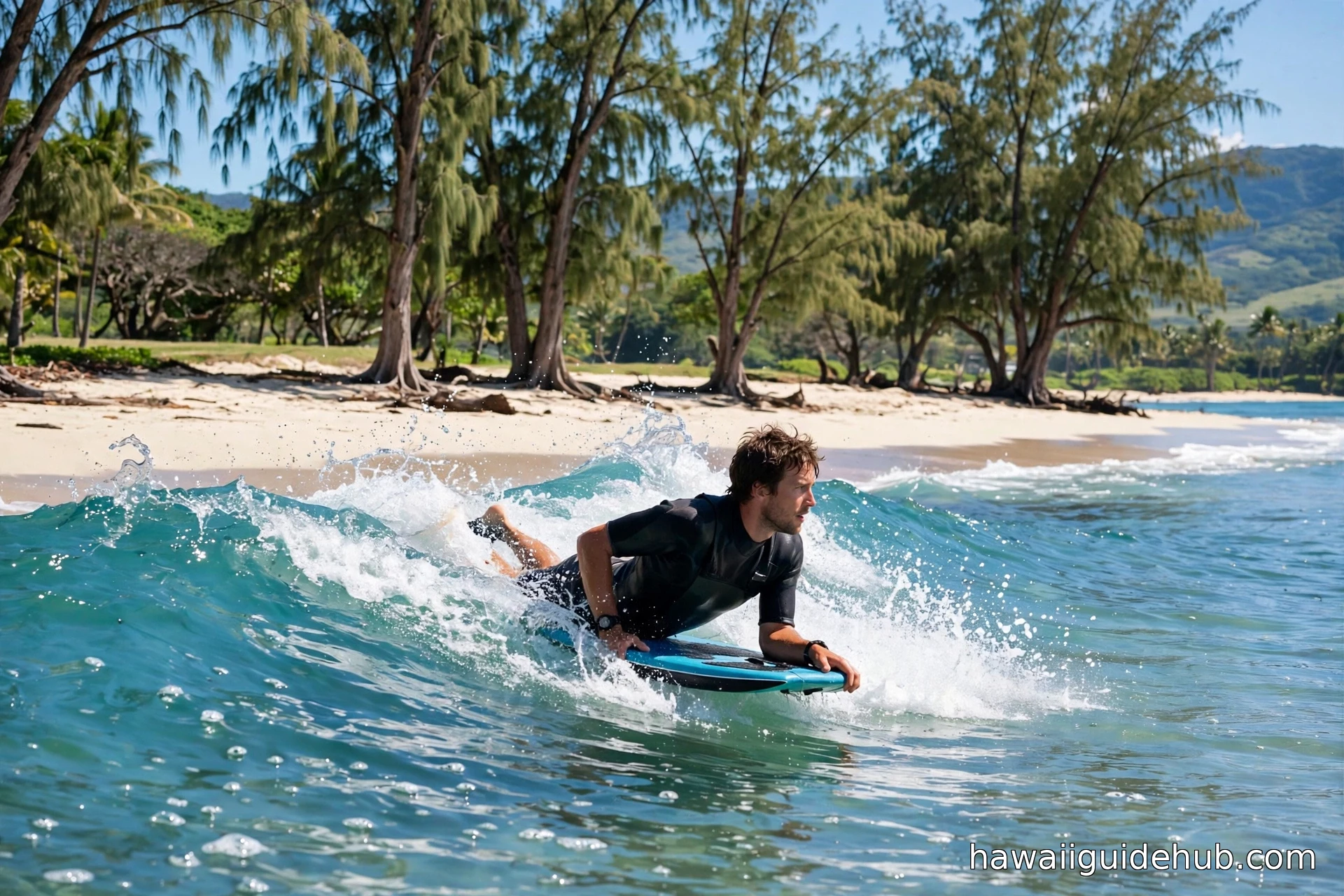 A bodyboarder riding a turquoise wave at Bellows Beach with ironwood trees behind the sand