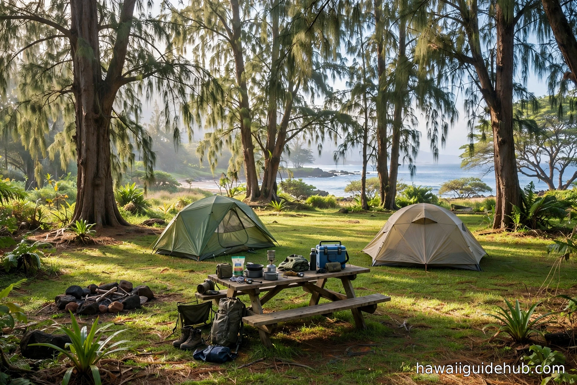 Tents pitched under tall ironwood trees at the Bellows Field Beach Park campground with the ocean visible beyond