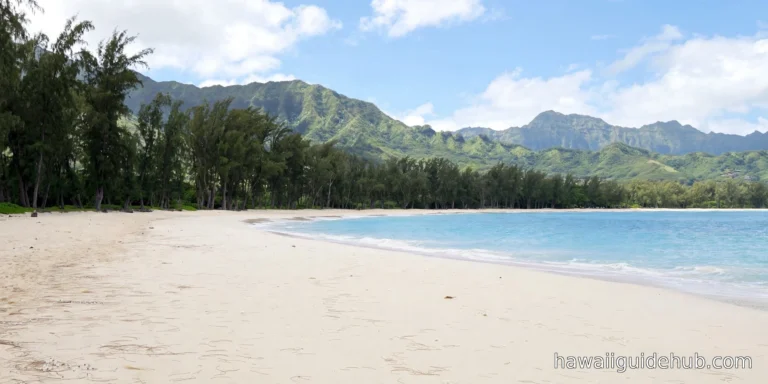 Wide view of Bellows Field Beach Park with powdery white sand, turquoise water and ironwood trees backed by the Koolau mountains
