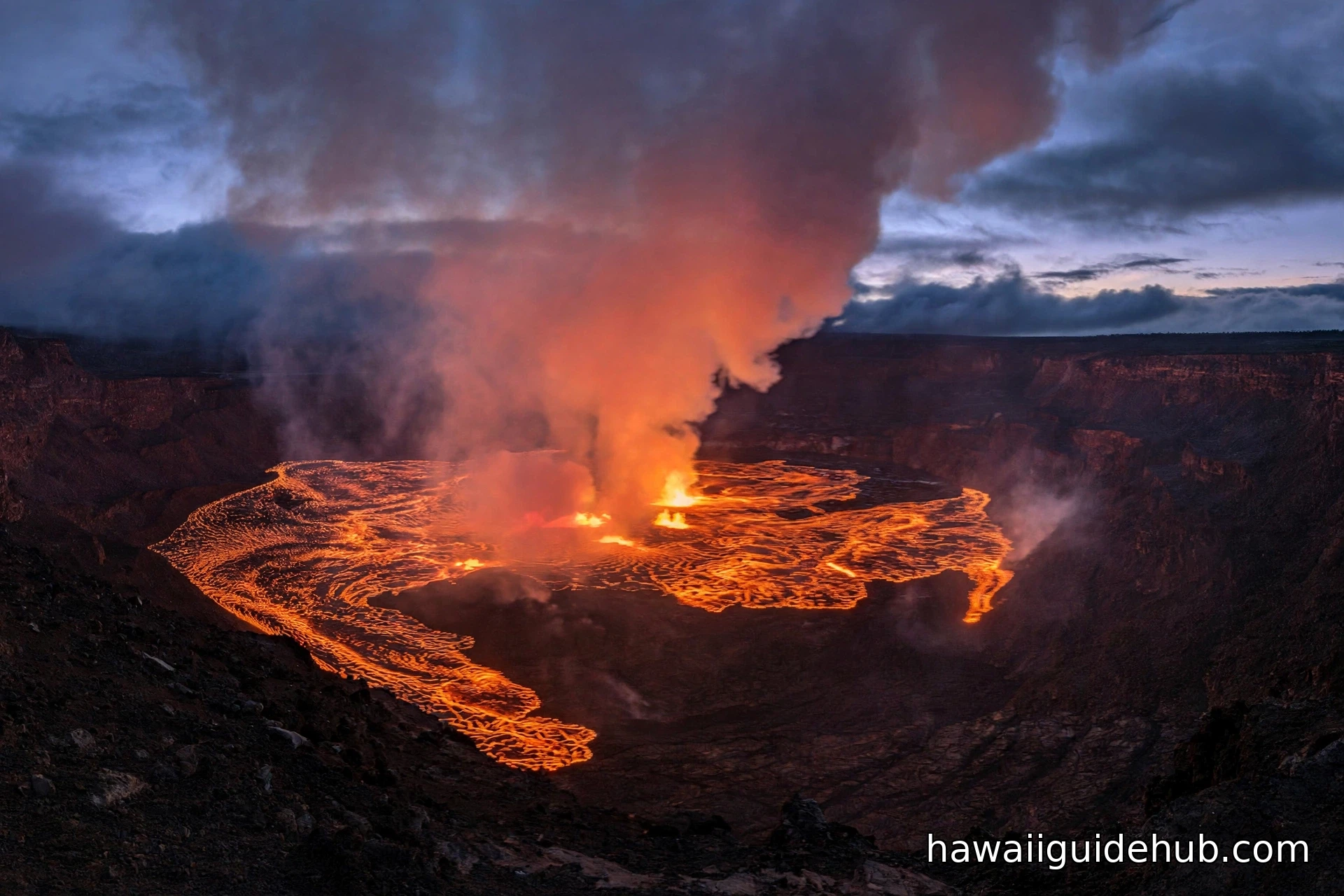 Glowing lava lake inside Kilauea caldera at dusk in Hawaii Volcanoes National Park with steam rising