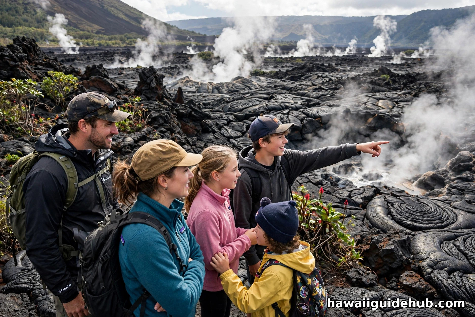 Family with kids exploring steaming volcanic vents at Hawaiʻi Volcanoes National Park