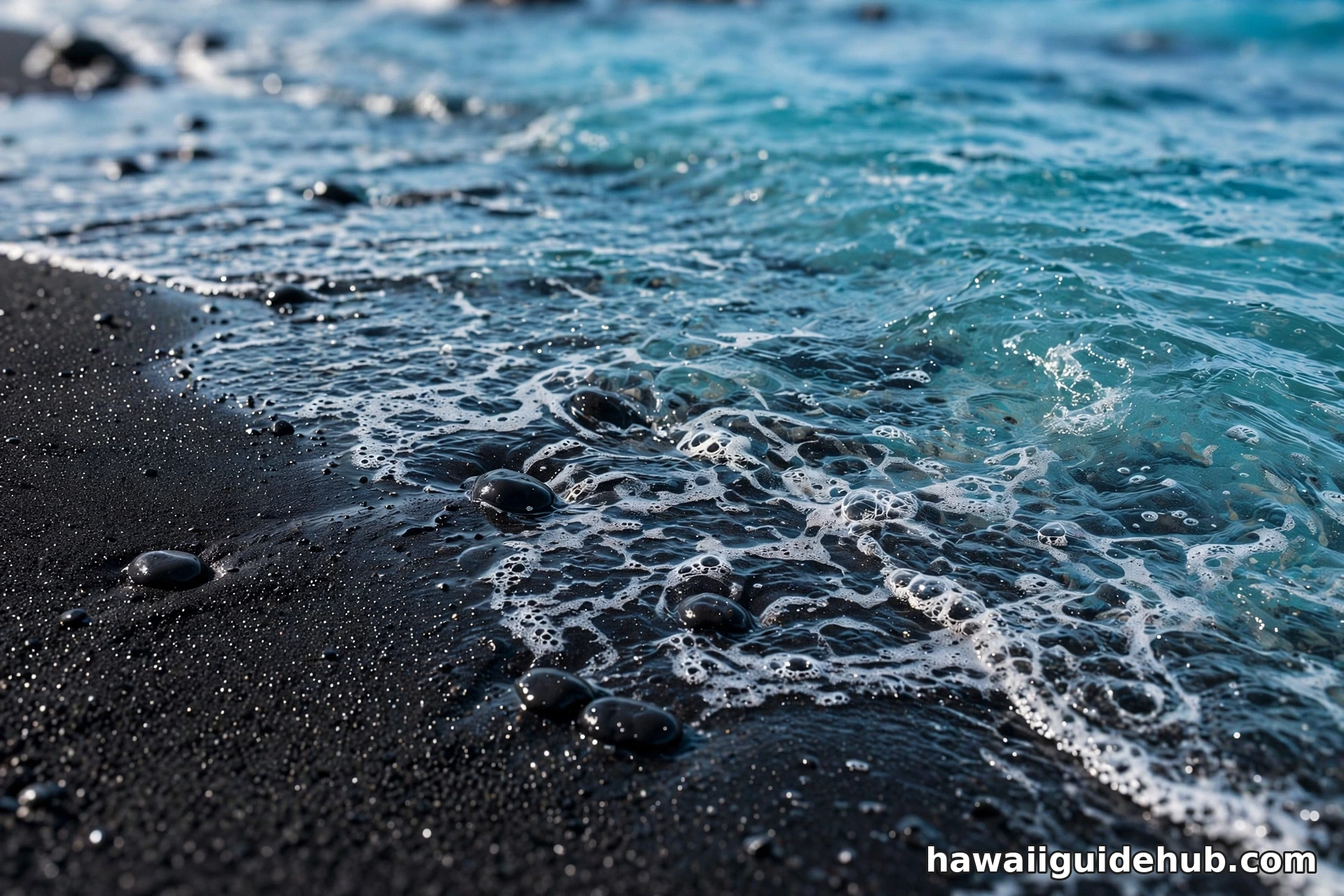 Close-up of black volcanic sand with turquoise ocean water washing over it