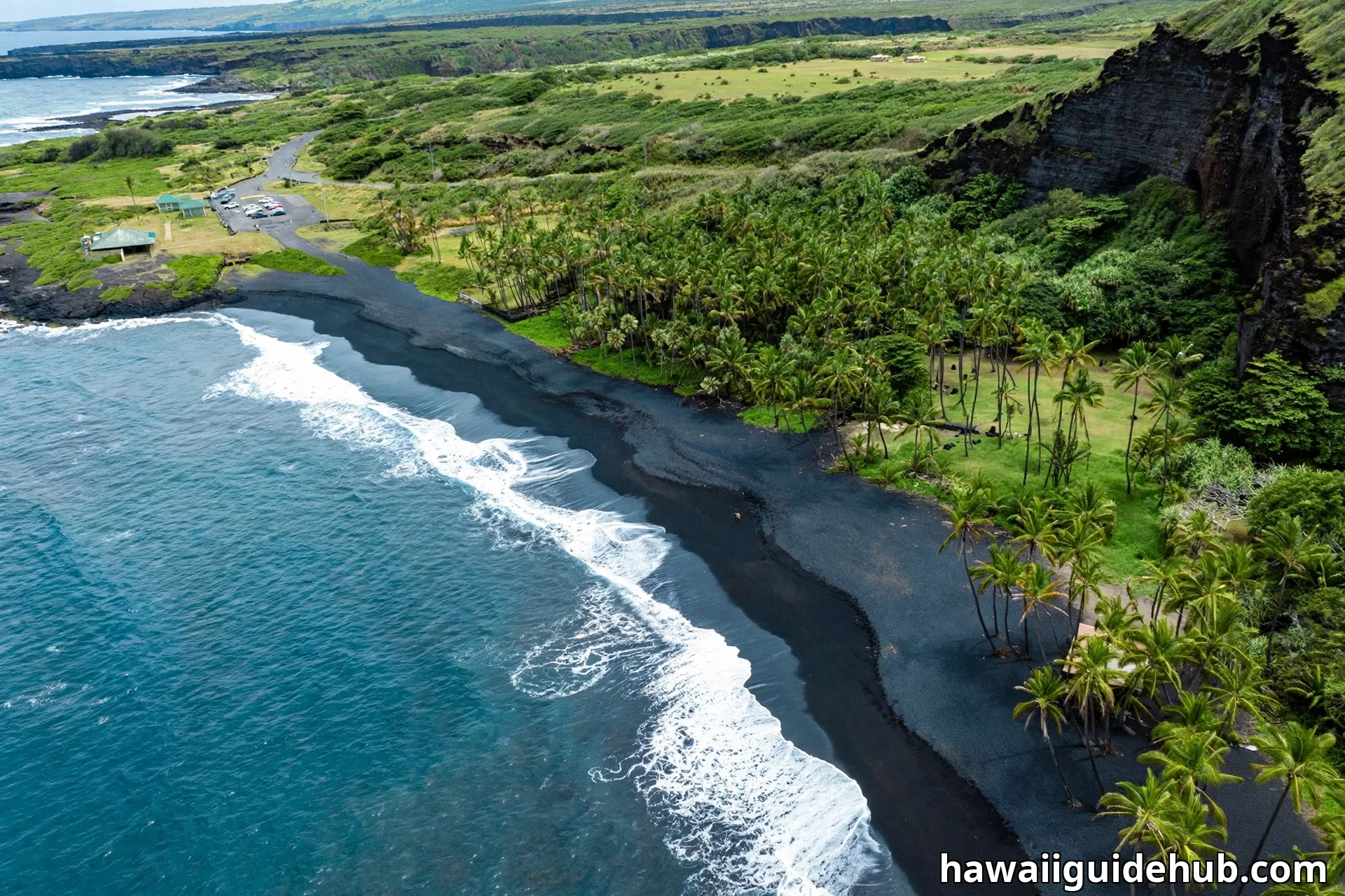 Aerial view of Punaluu black sand beach on the Big Island of Hawaii: jet black volcanic sand, turquoise waves, and coconut palm trees