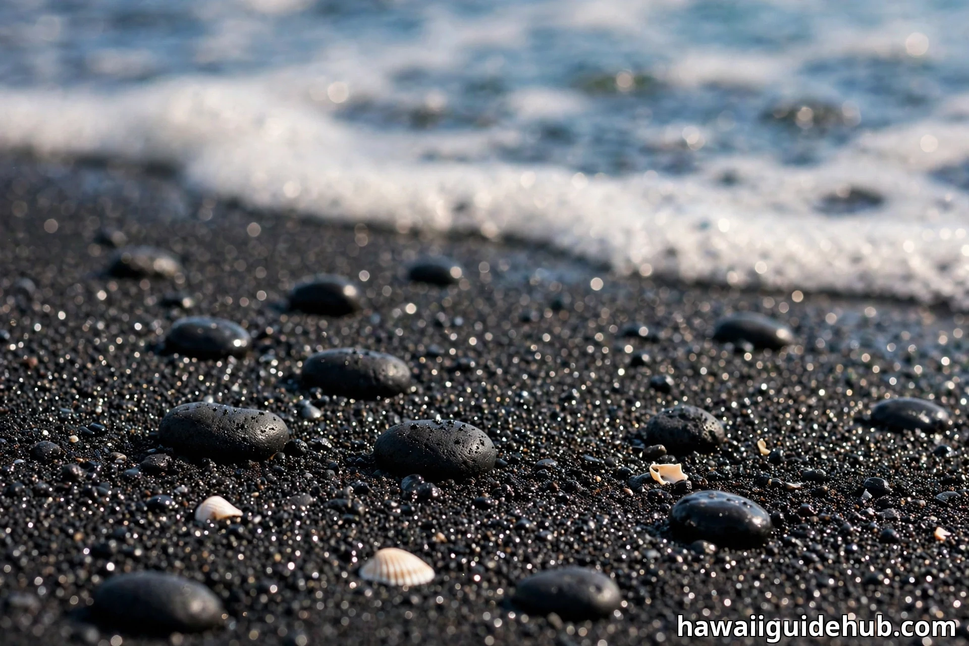 Close-up of glittering black volcanic sand grains and smooth basalt pebbles at the water's edge in Hawaii