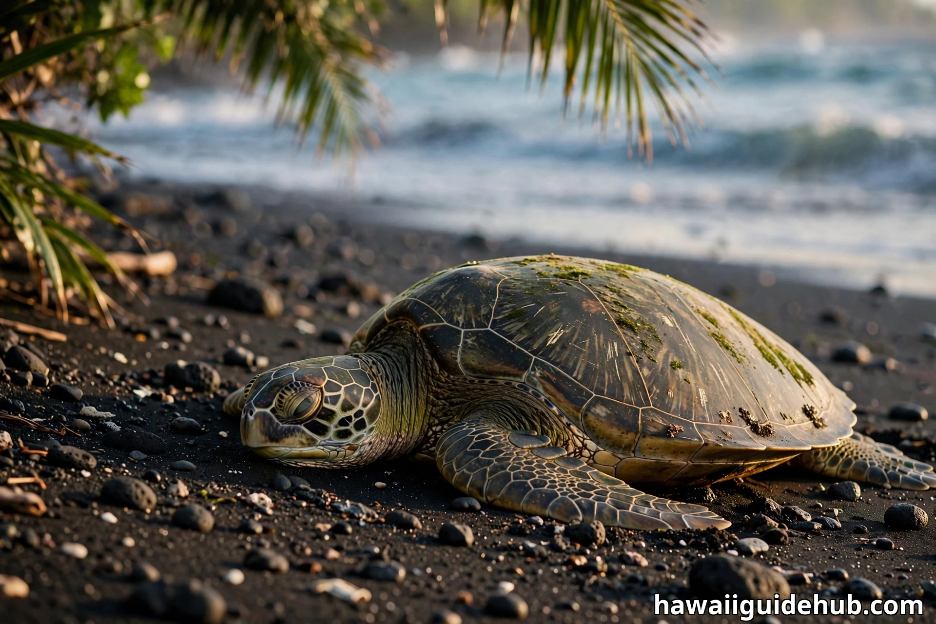 Hawaiian green sea turtle (honu) basking on black volcanic sand at sunset in Hawaii