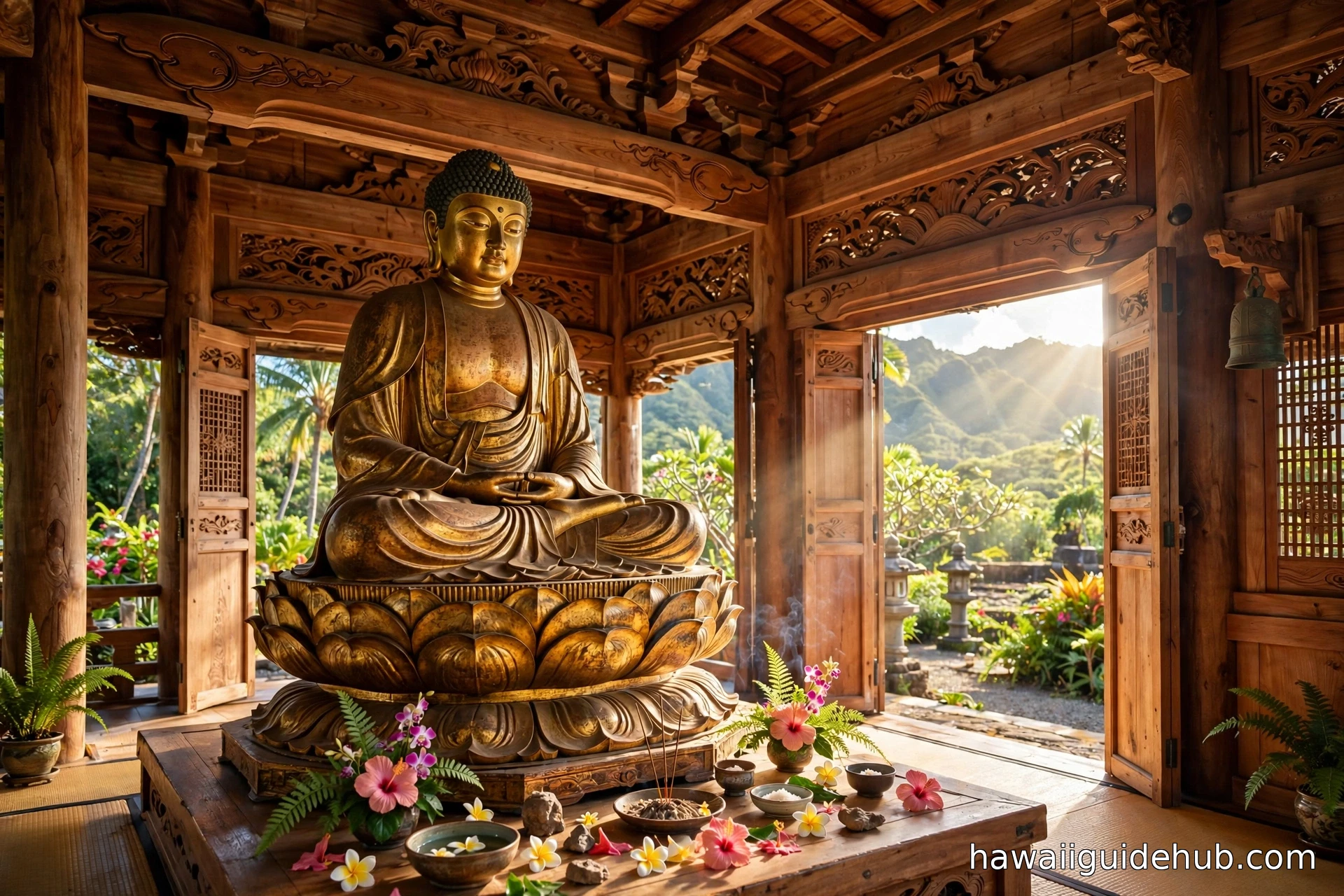 Golden Amida Buddha statue seated on a lotus pedestal inside the wooden temple hall of the Byodo-In Temple on Oahu