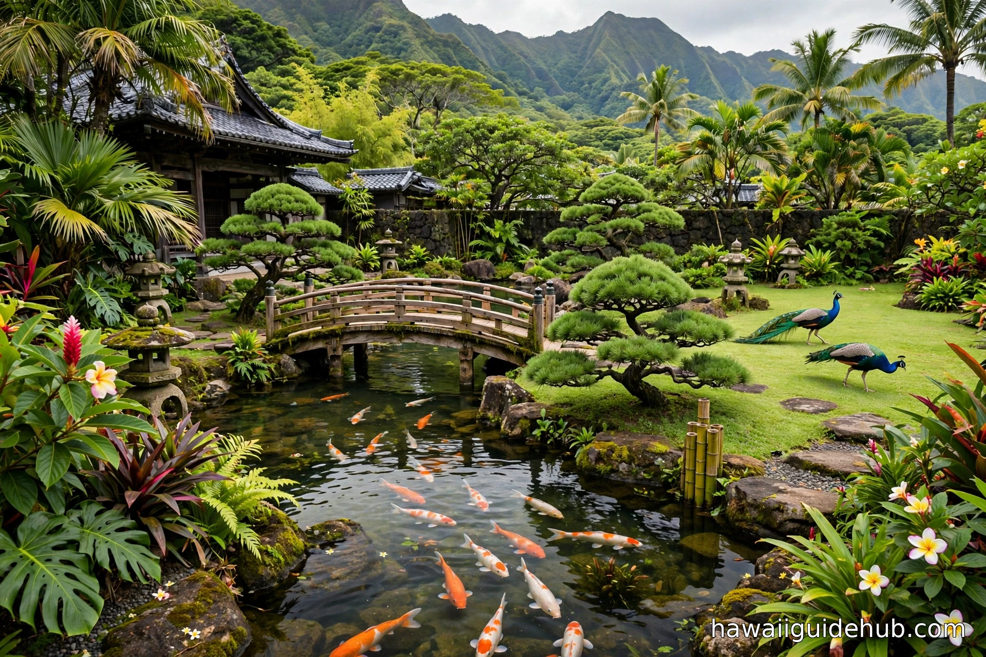 Koi pond with colorful koi fish, wooden bridge, stone lanterns and peacocks in the Japanese gardens of the Byodo-In Temple on Oahu