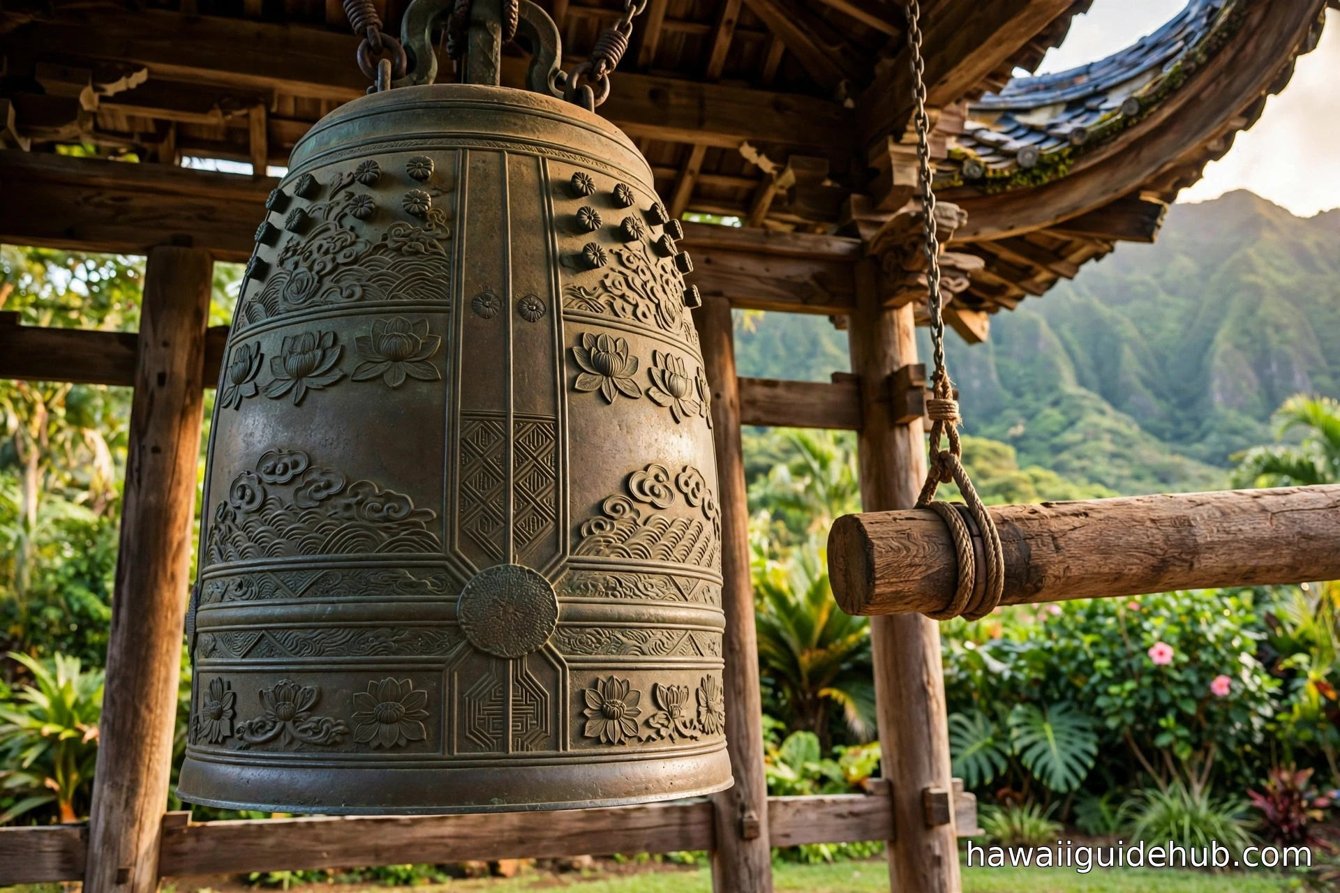 Three-ton bronze Japanese peace bell with engraved lotus patterns hanging in a wooden belfry at the Byodo-In Temple on Oahu
