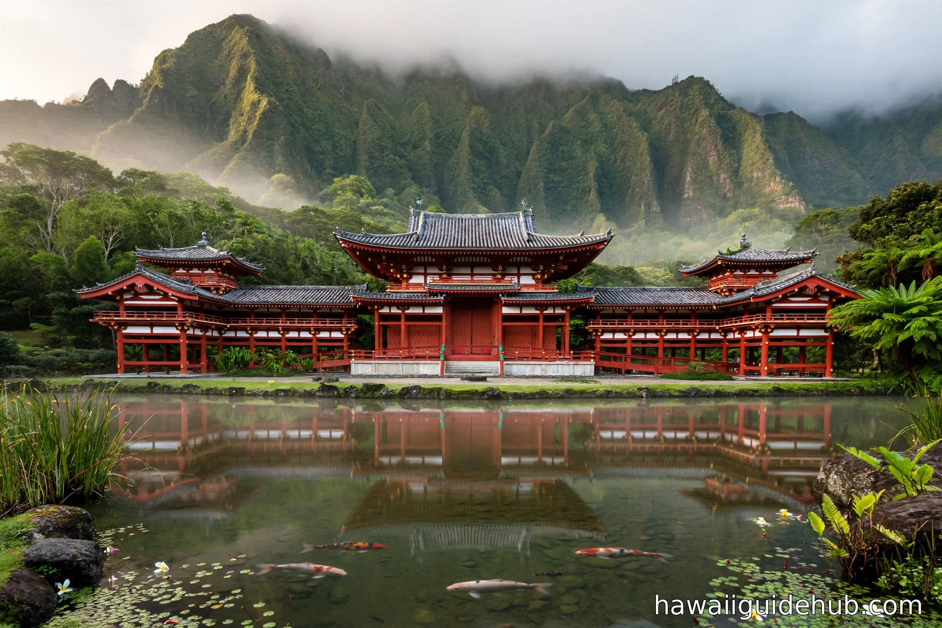 The red Byodo-In Temple reflected in its koi pond with the Koolau Mountains rising behind in Kaneohe, Oahu