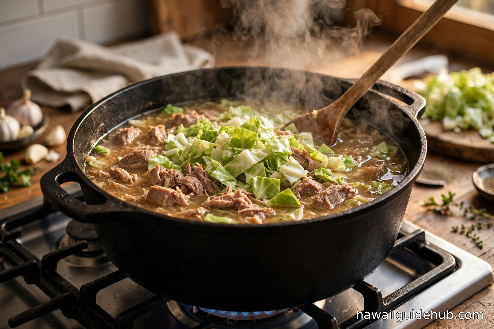 Chopped green cabbage being stirred into a pot of kalua pork cooking juices