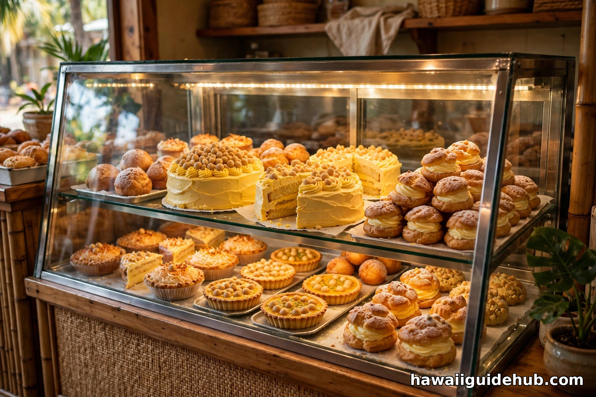 Bakery display case in Hawaii filled with chantilly cakes, cream puffs, and local pastries