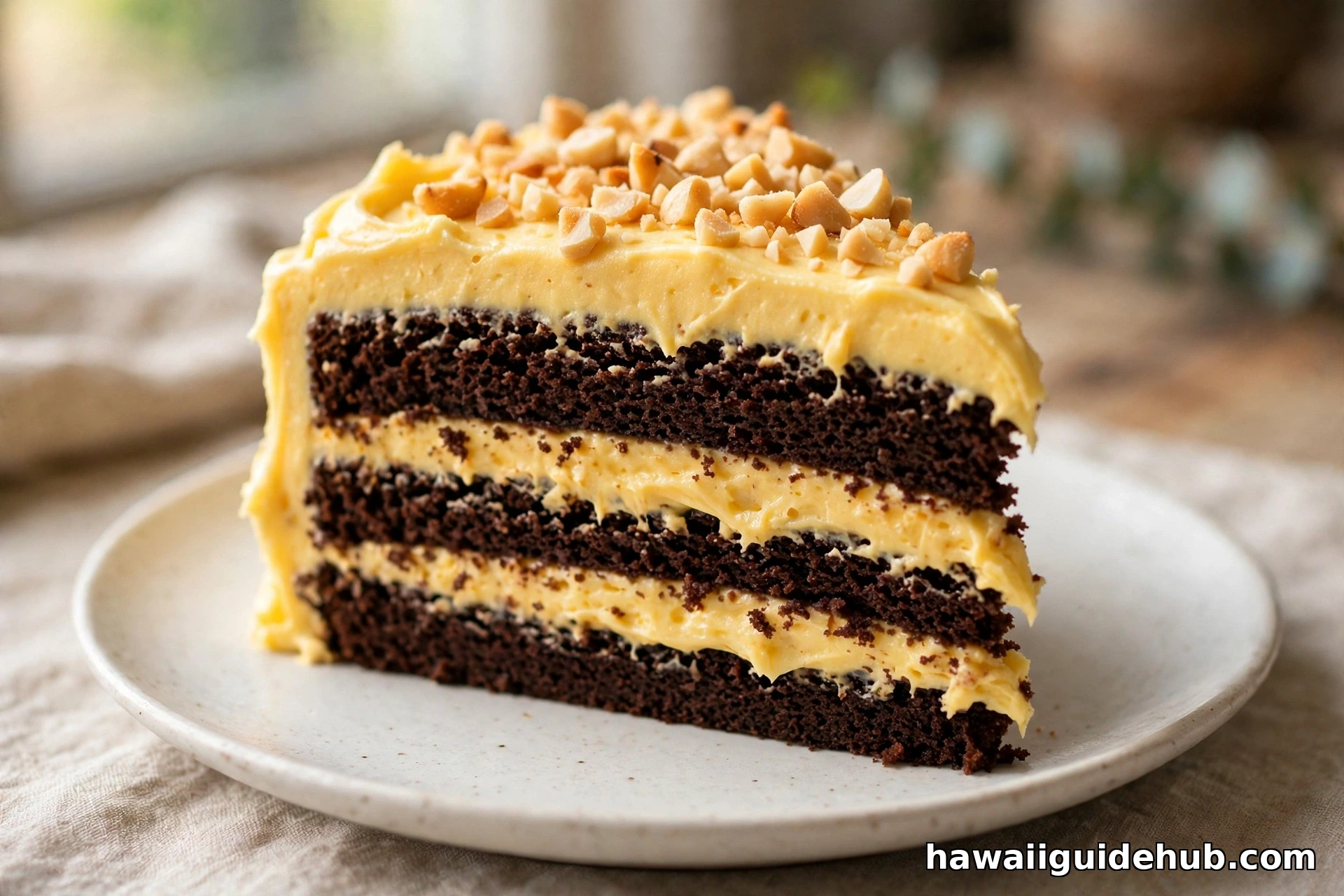 Slice of Hawaiian chantilly cake showing chocolate chiffon layers with golden chantilly frosting and toasted macadamia nuts