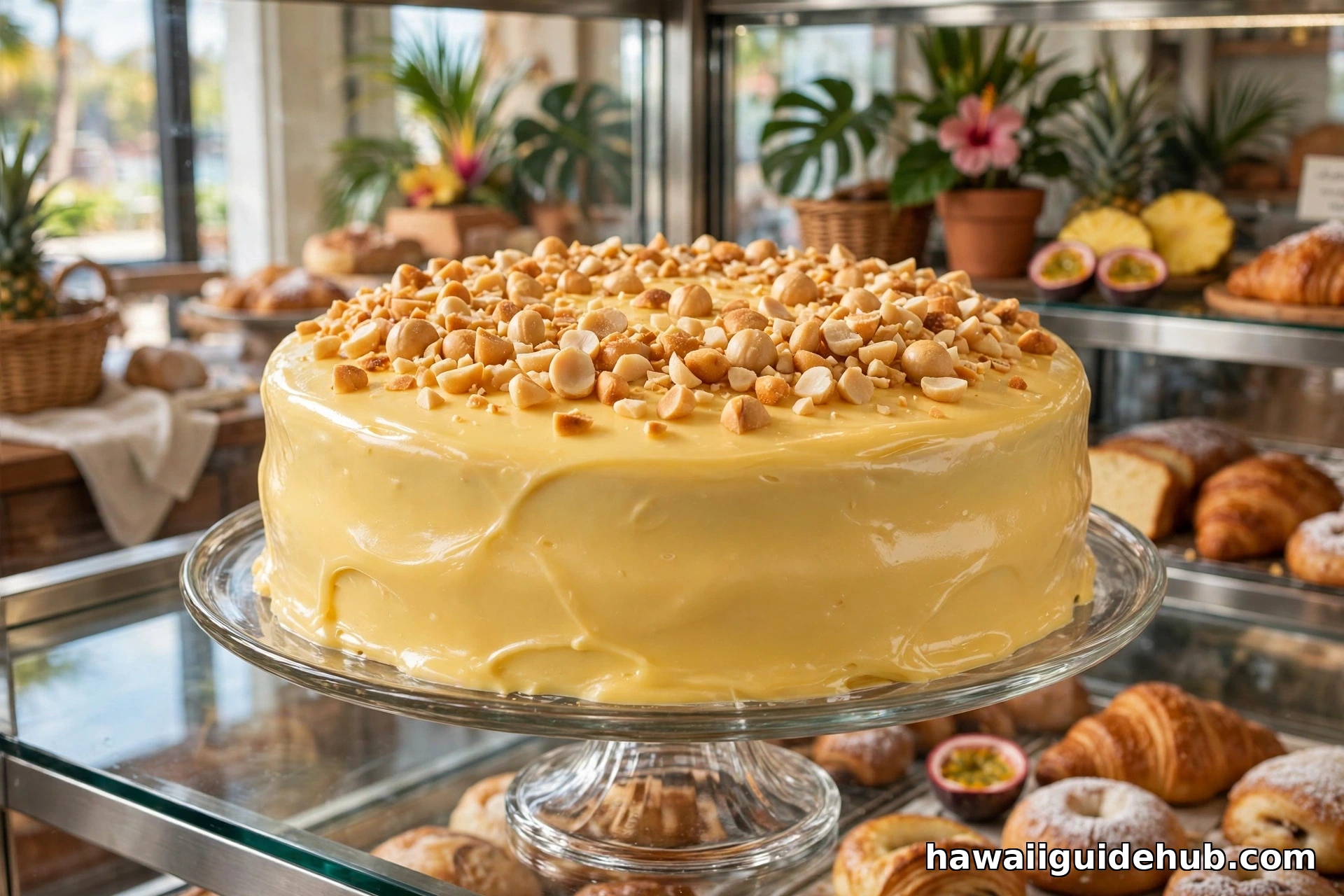Whole Hawaiian chantilly cake with glossy golden frosting and toasted macadamia nuts on a glass cake stand in a bakery