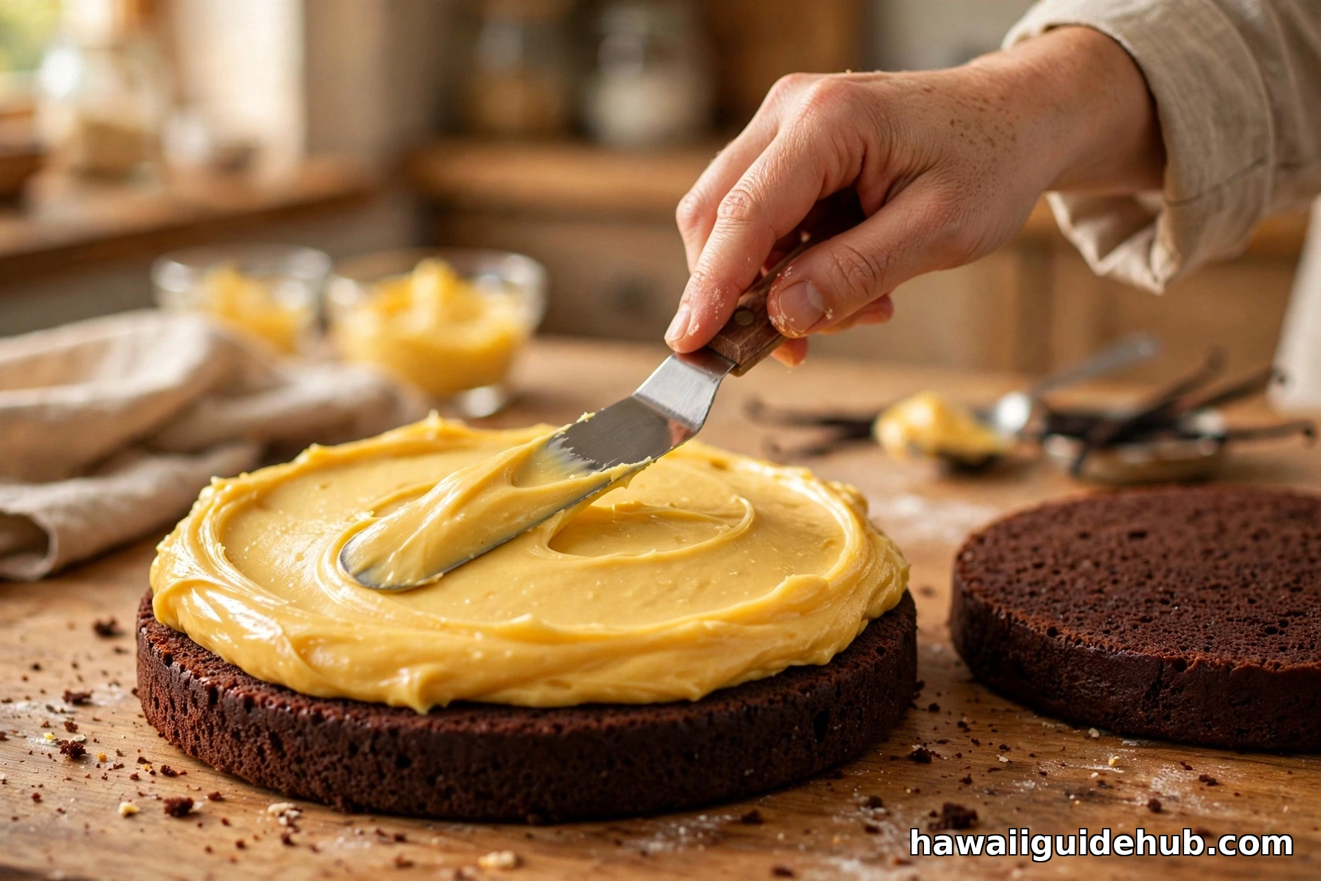 Baker spreading thick golden chantilly frosting onto a chocolate chiffon cake layer with an offset spatula
