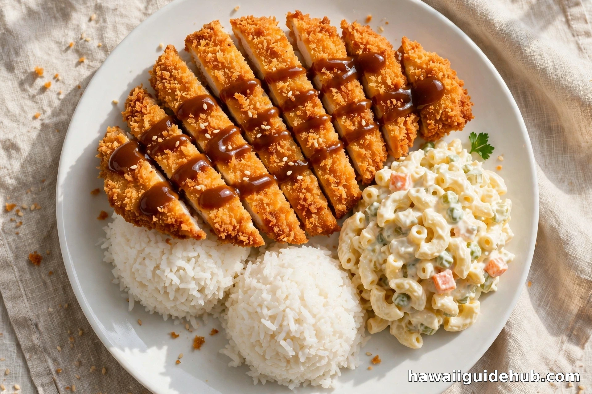 Hawaiian chicken katsu plate lunch with two scoops of rice, macaroni salad, and katsu sauce