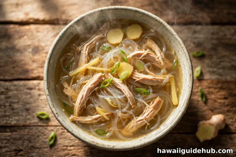 Steaming bowl of Hawaiian chicken long rice soup with shredded chicken, glass noodles, ginger, and green onions