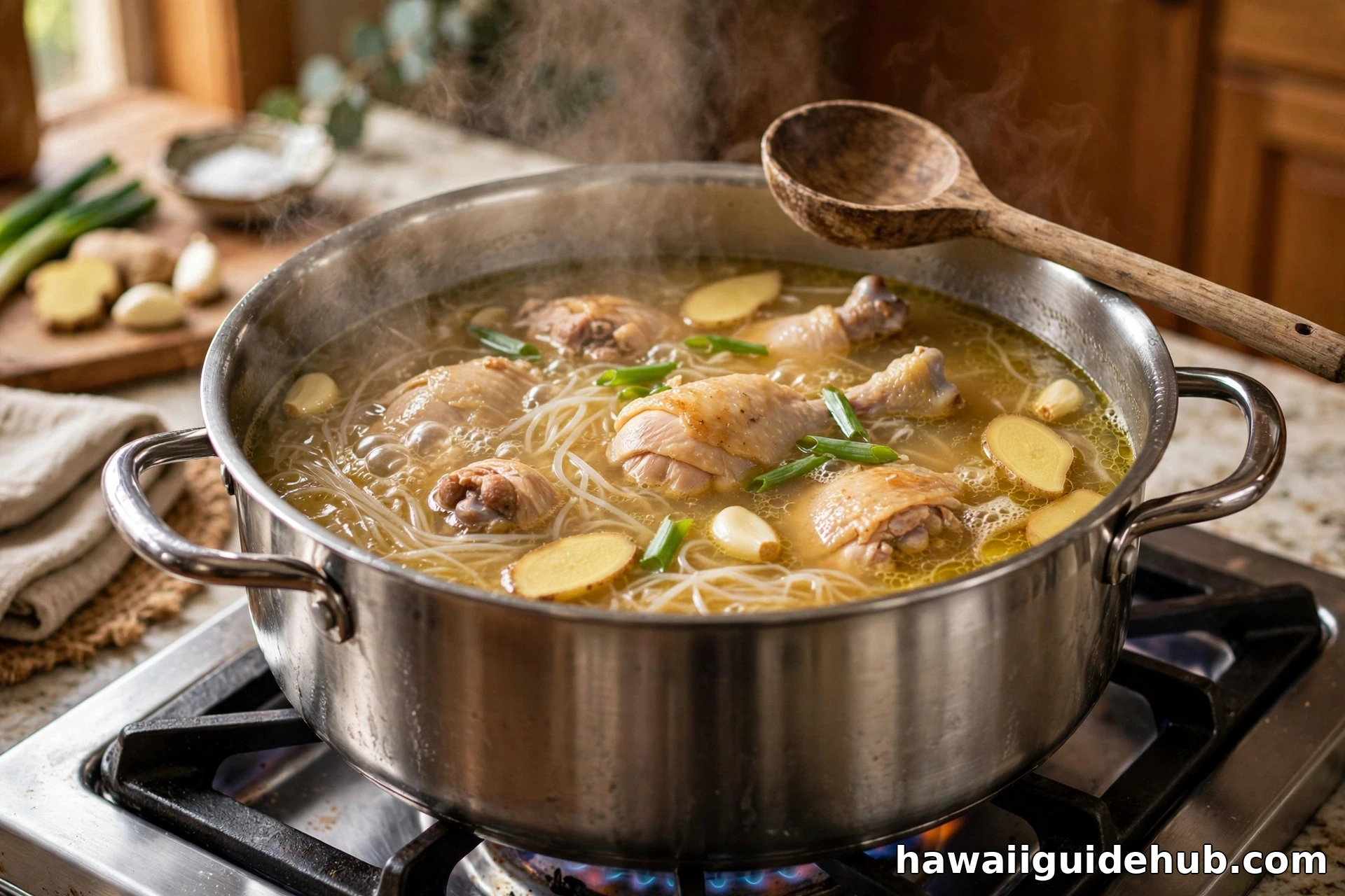 A pot of chicken long rice simmering on a stovetop with chicken pieces, ginger slices, garlic, and noodles in golden broth