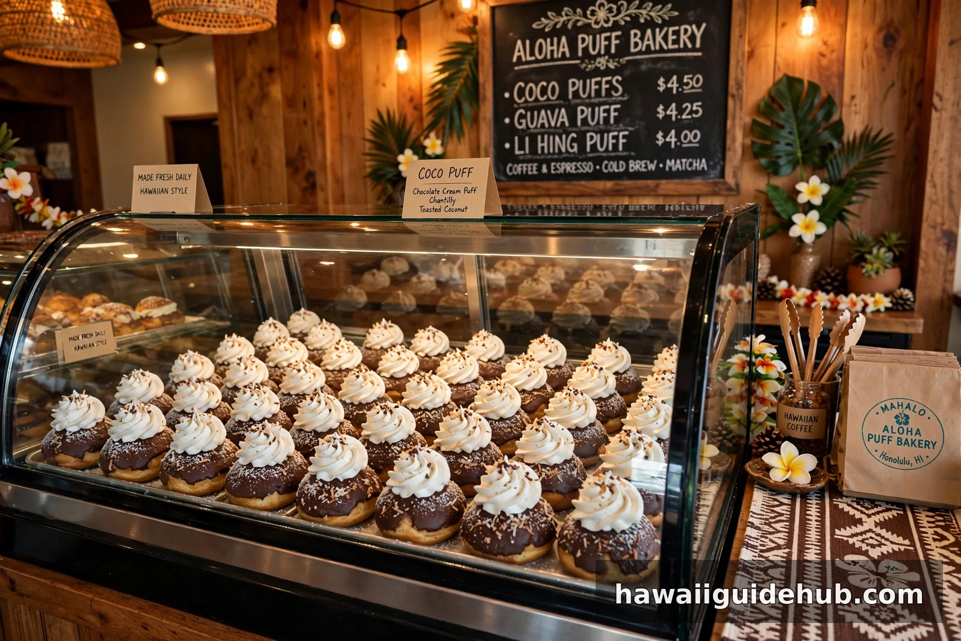 Coco puffs in a Hawaiian bakery display case
