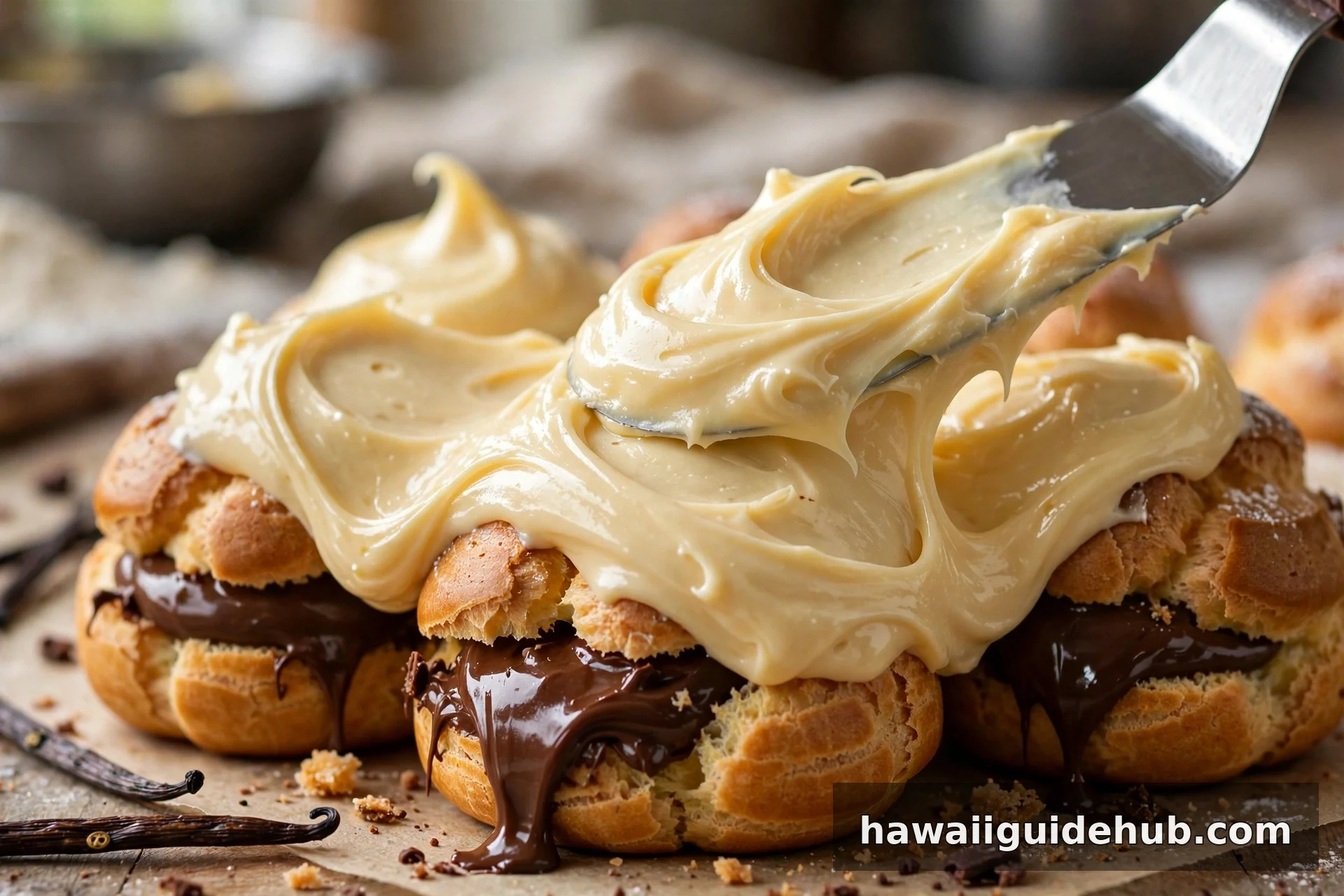 Spreading chantilly frosting over chocolate cream puffs