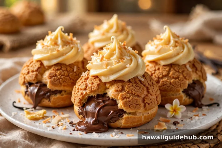 Coco puffs with chocolate cream and chantilly frosting on a plate