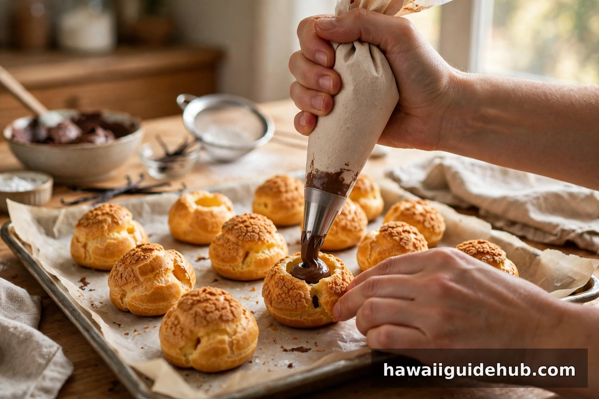 Piping chocolate cream into choux pastry puffs