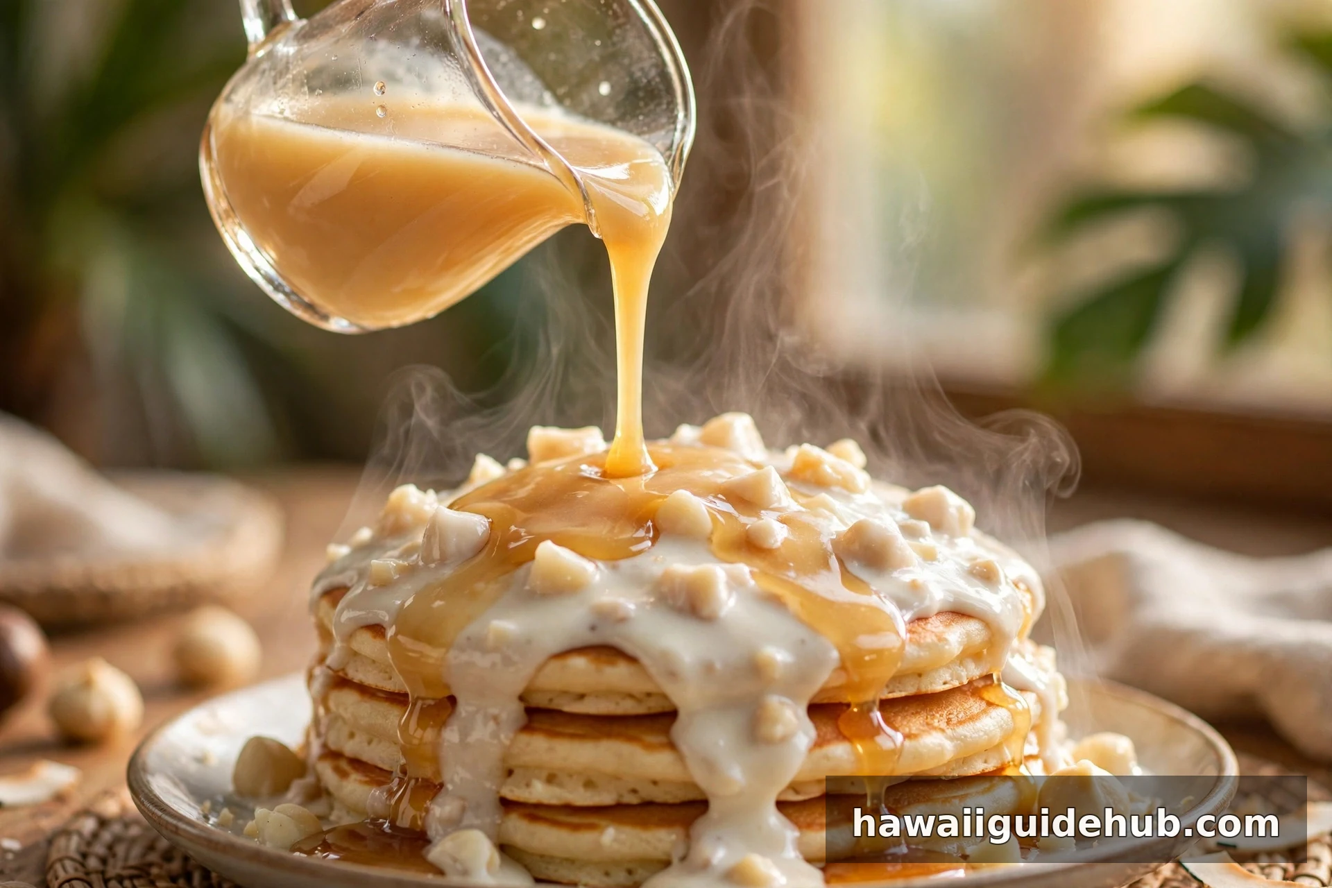 Warm coconut syrup being poured over Hawaiian pancakes with macadamia nut sauce