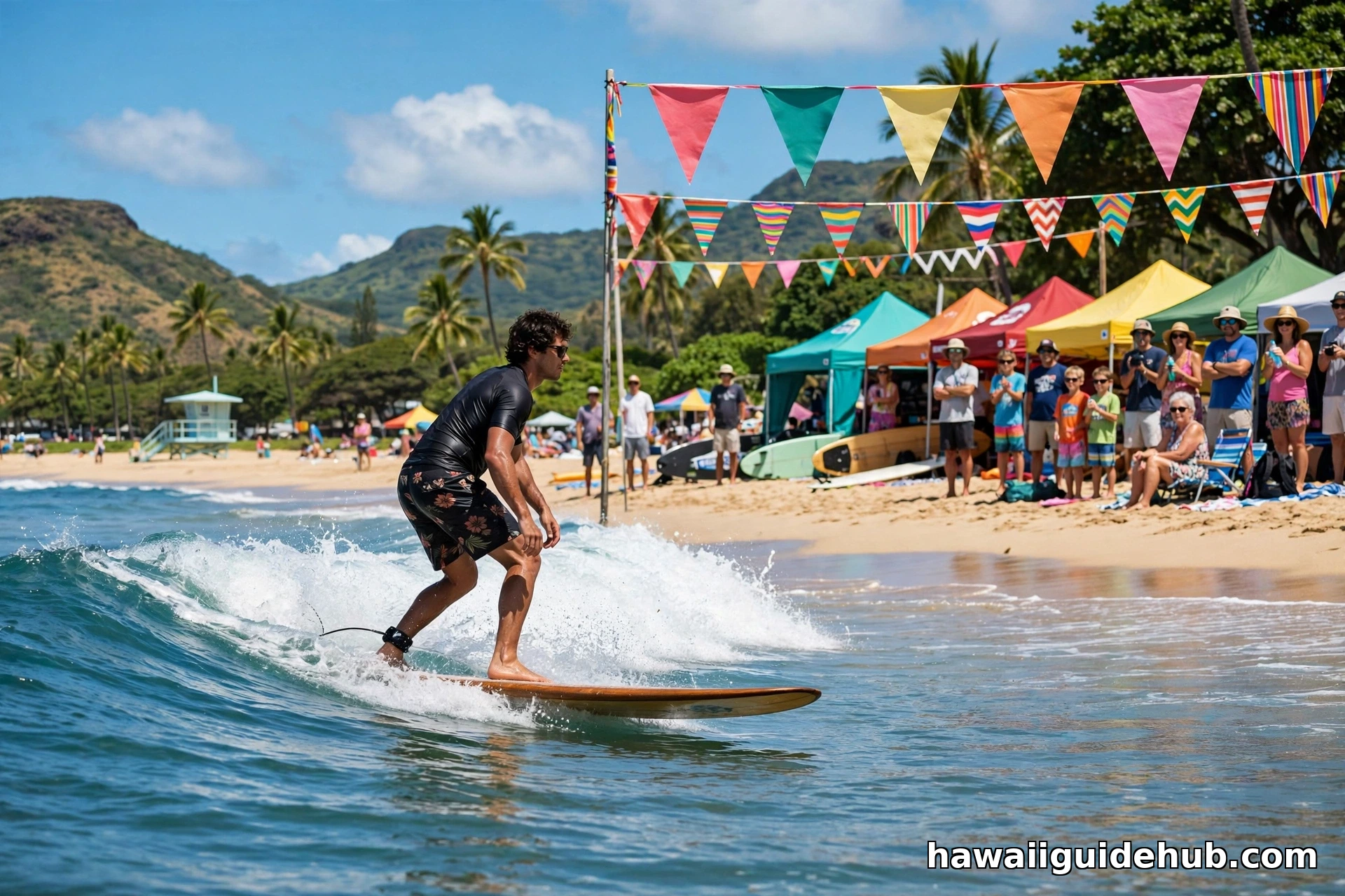 Longboard surfer riding a wave during a summer surf competition on a Hawaii beach with colorful banners and spectators