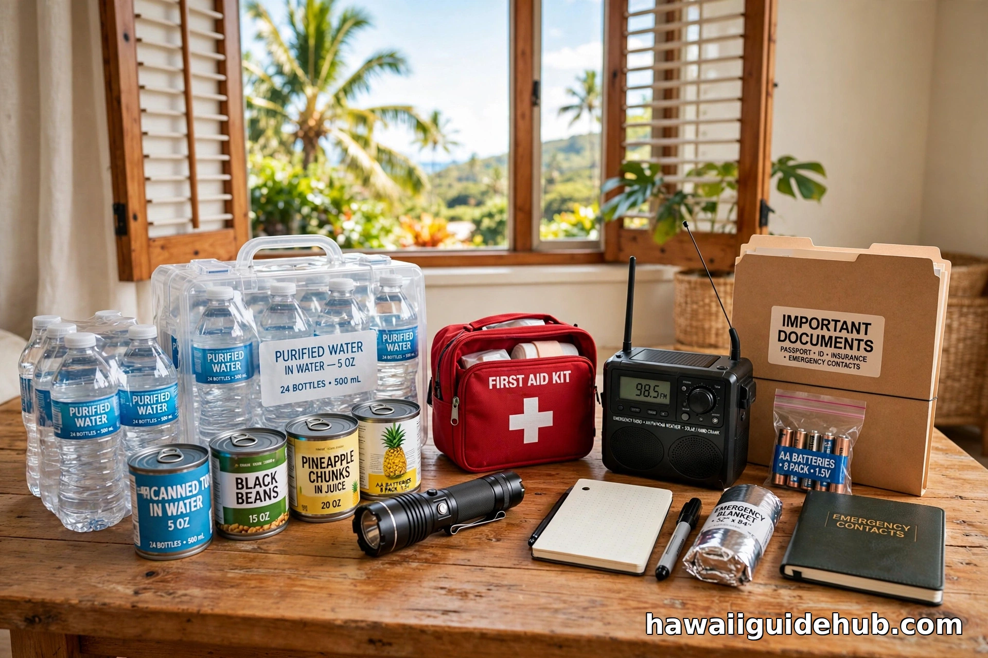 Home emergency preparedness kit with water, food, flashlight, first aid kit and radio on a table
