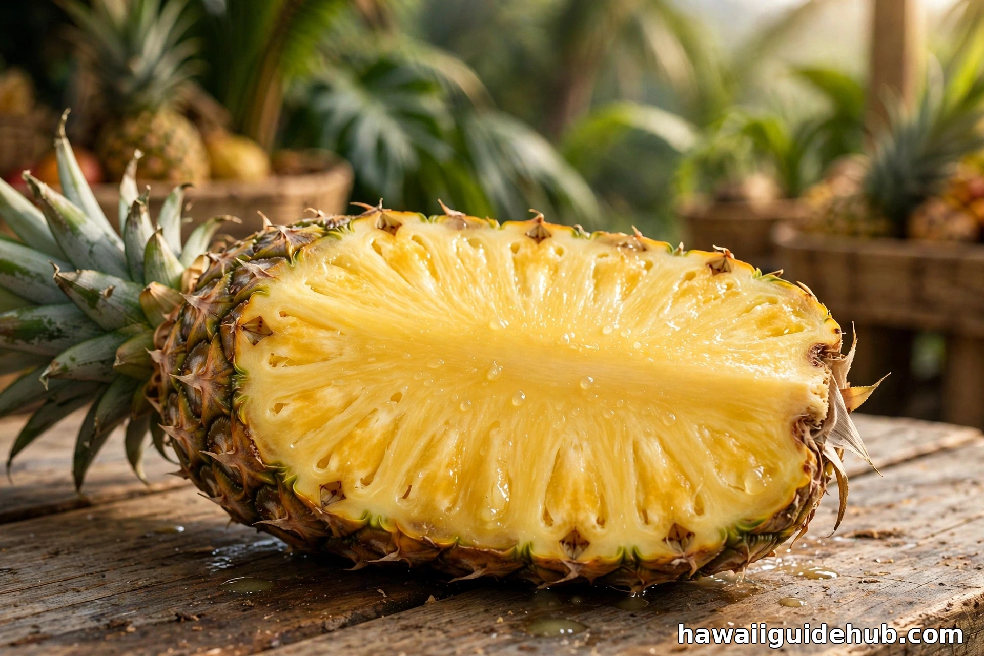 Freshly cut ripe pineapple showing juicy golden flesh on a wooden farm table