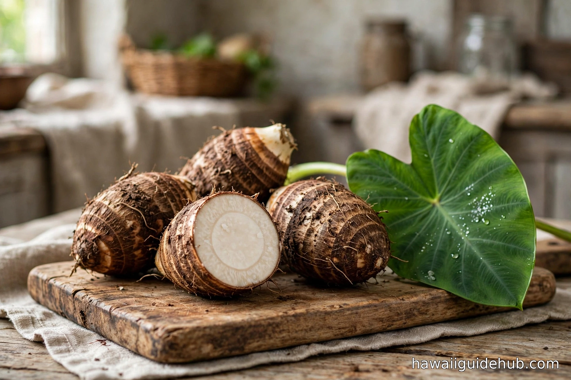 Fresh taro roots (kalo corms) with one cut showing creamy flesh beside a taro leaf on a wooden board
