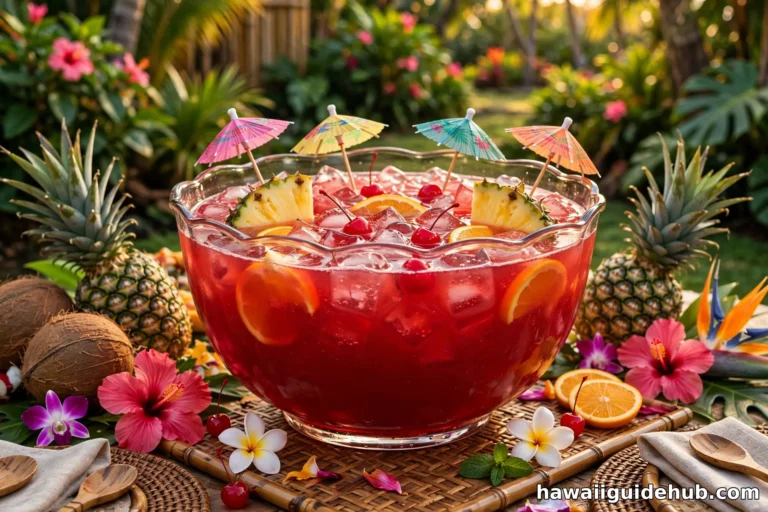Glass punch bowl of ruby red Hawaiian fruit punch with pineapple wedges, orange slices, cherries and paper umbrellas at a tropical luau