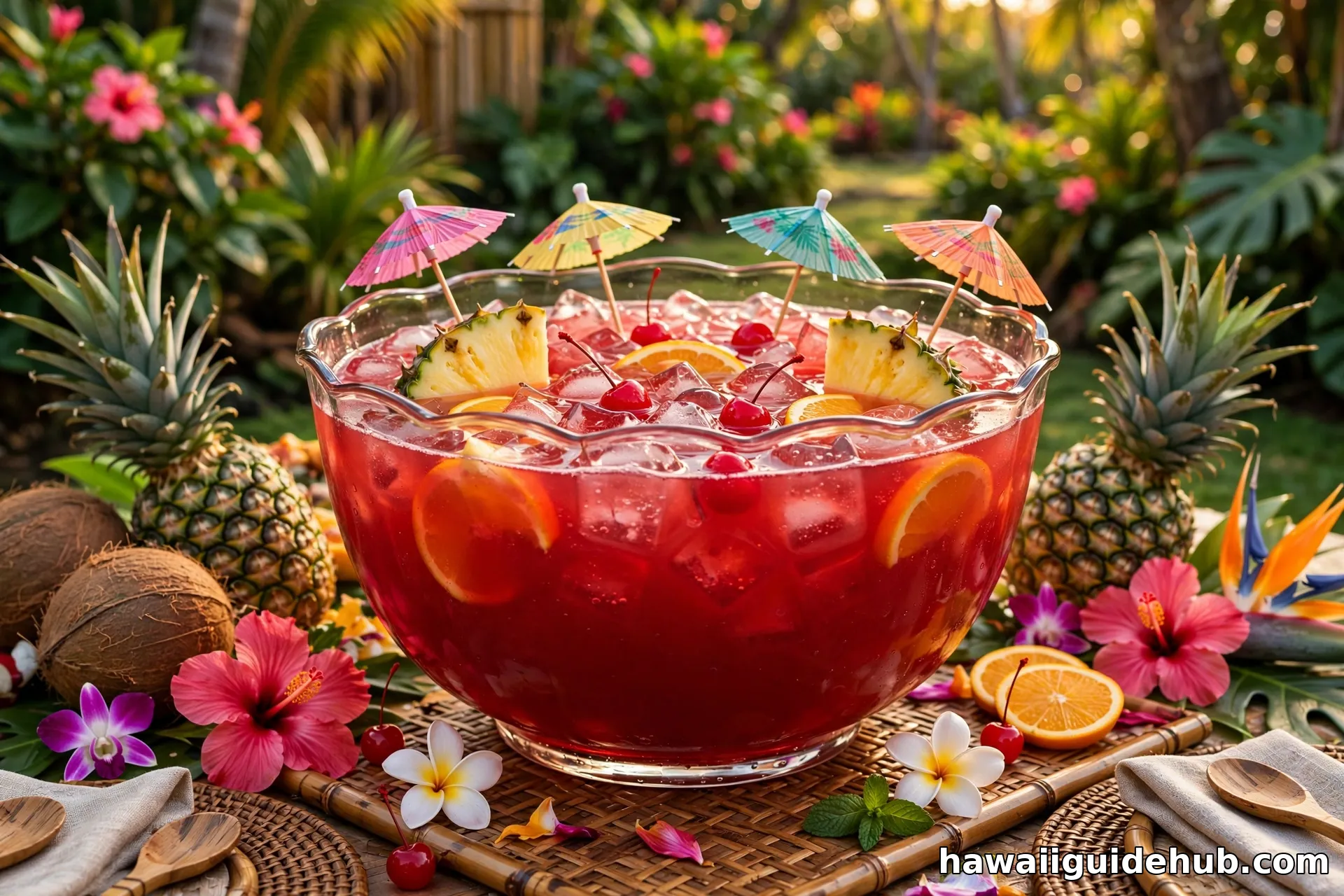 Glass punch bowl of ruby red Hawaiian fruit punch with pineapple wedges, orange slices, cherries and paper umbrellas at a tropical luau