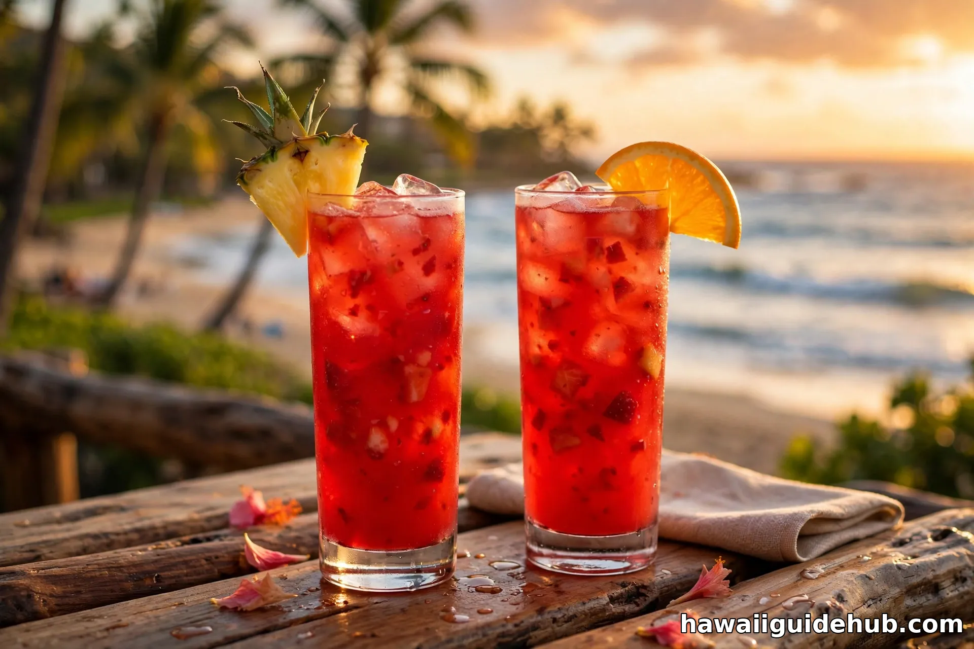 Two tall glasses of red Hawaiian fruit punch at a Hawaiian beach at sunset