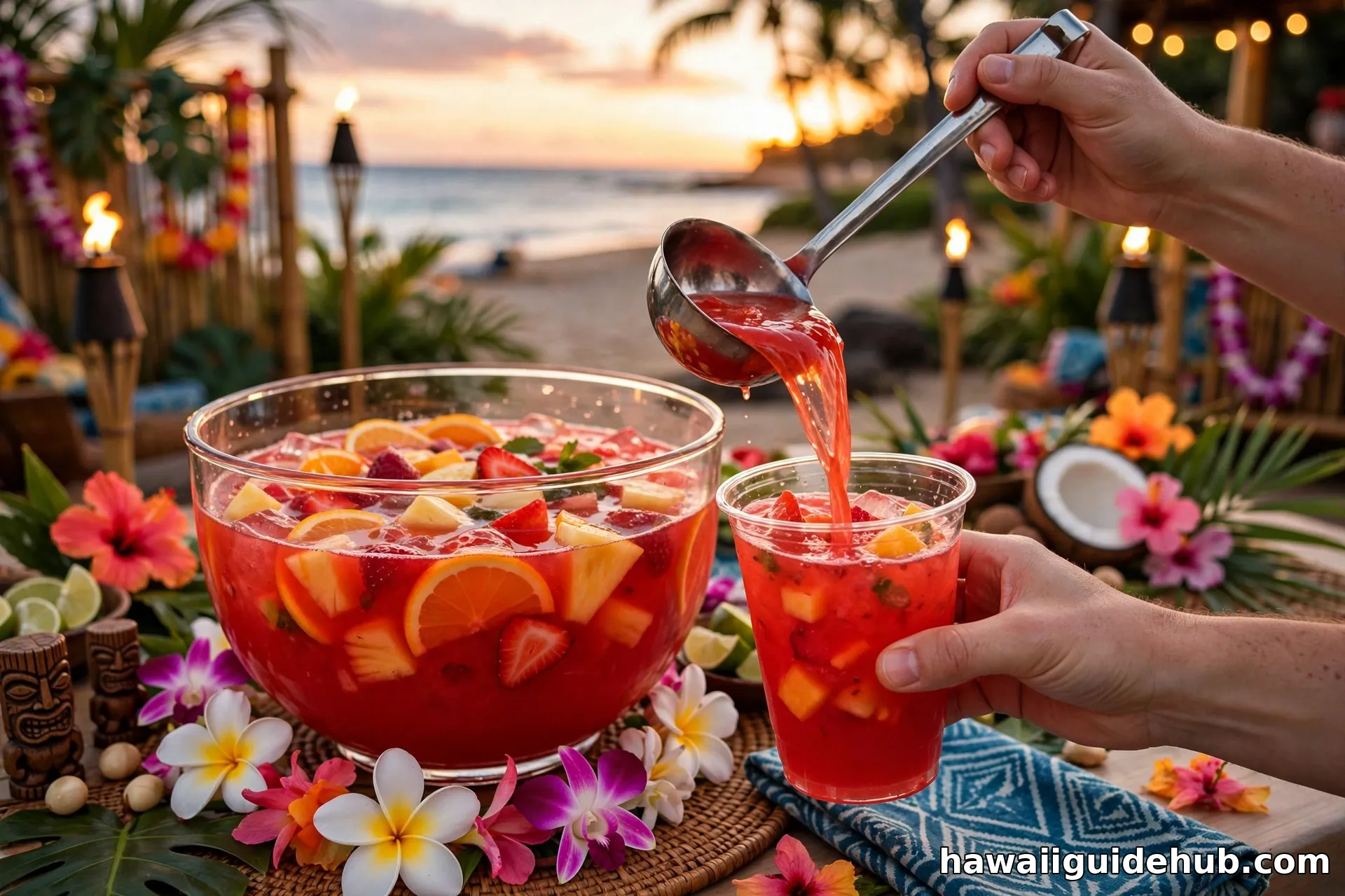 Hand ladling red Hawaiian fruit punch from a punch bowl at a beachside luau