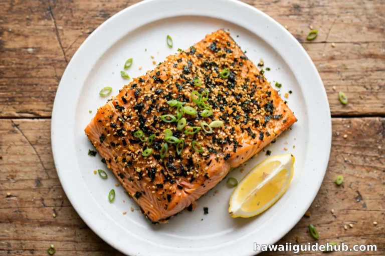 Baked furikake salmon fillet with crispy sesame-nori crust, green onions and lemon wedge on a white plate