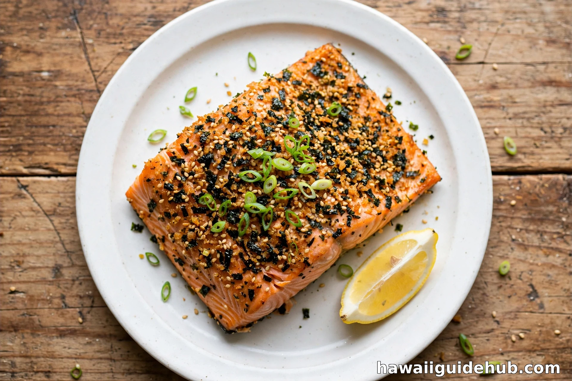 Baked furikake salmon fillet with crispy sesame-nori crust, green onions and lemon wedge on a white plate