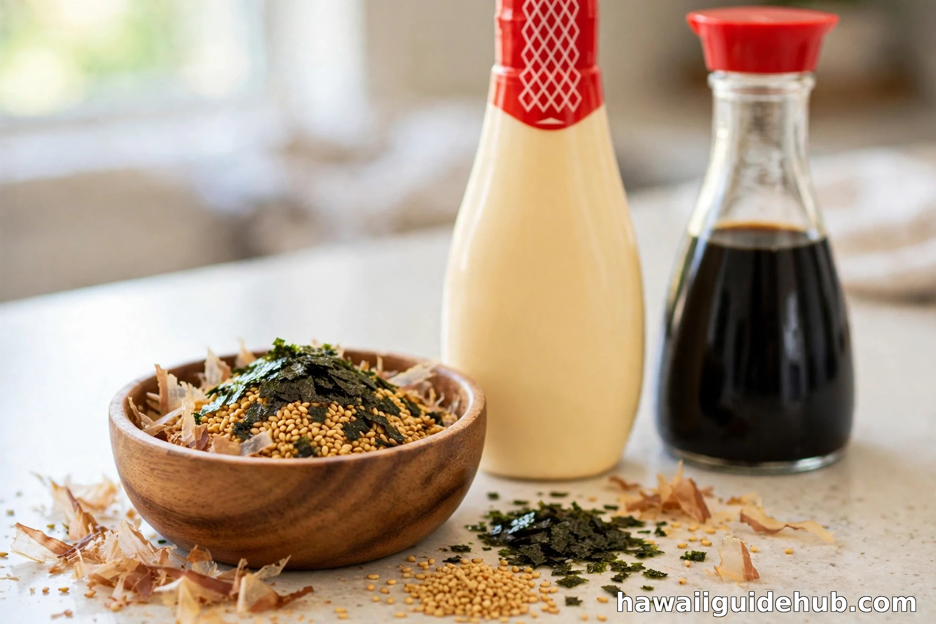 Bowl of furikake seasoning with nori flakes, sesame seeds and bonito flakes beside Kewpie mayonnaise and shoyu
