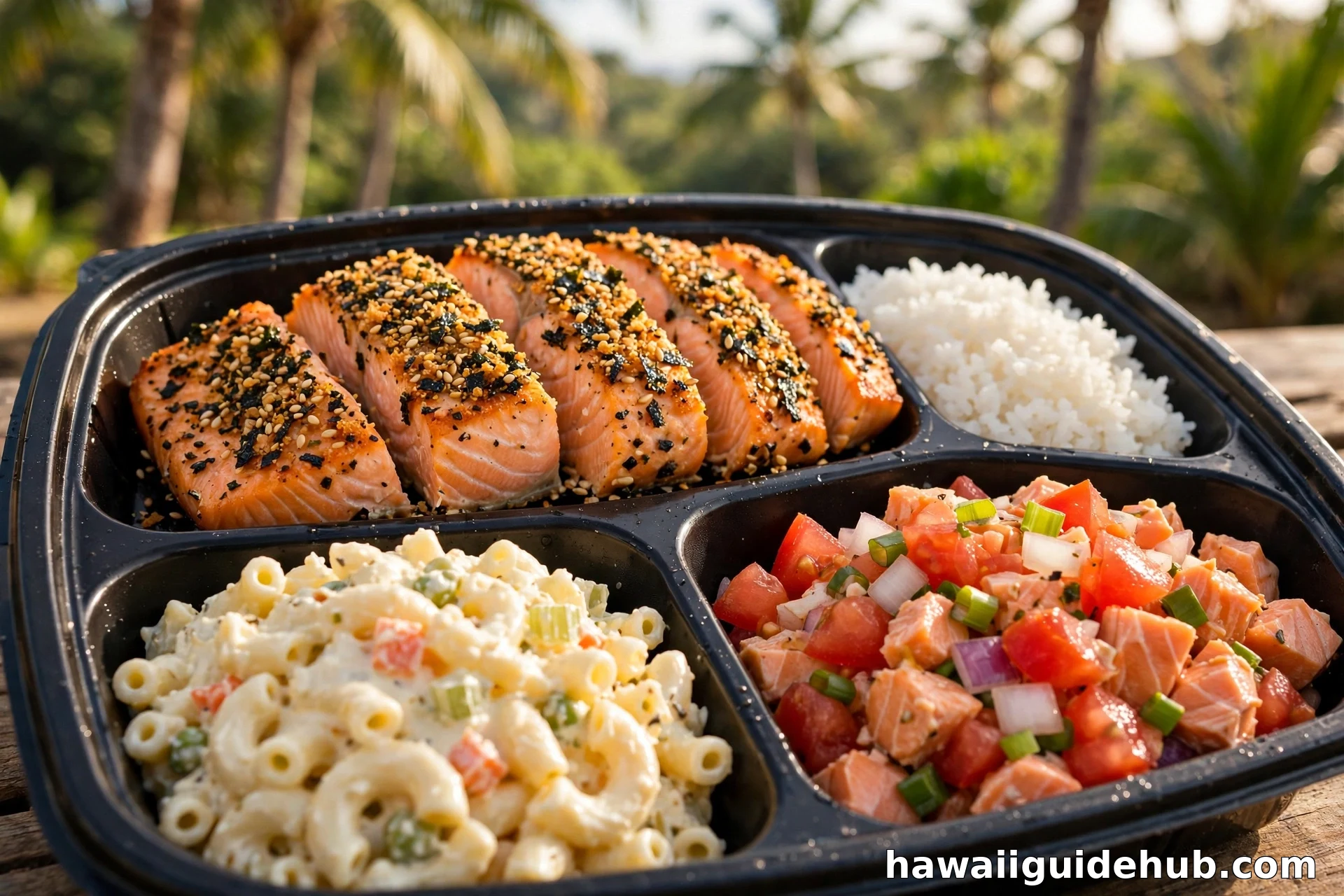 Hawaiian plate lunch with sliced furikake salmon, white rice, mac salad, and lomi salmon