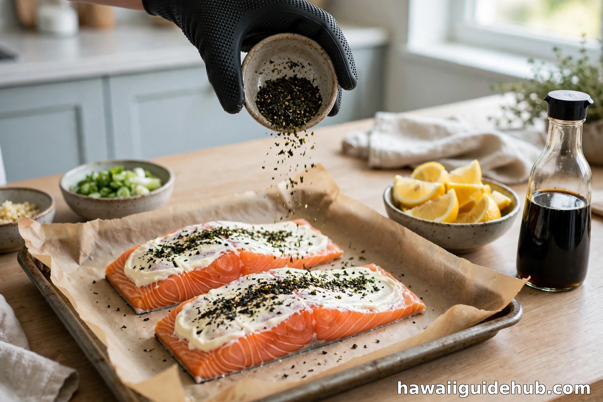 Furikake being sprinkled over mayonnaise-coated raw salmon fillets on a baking sheet